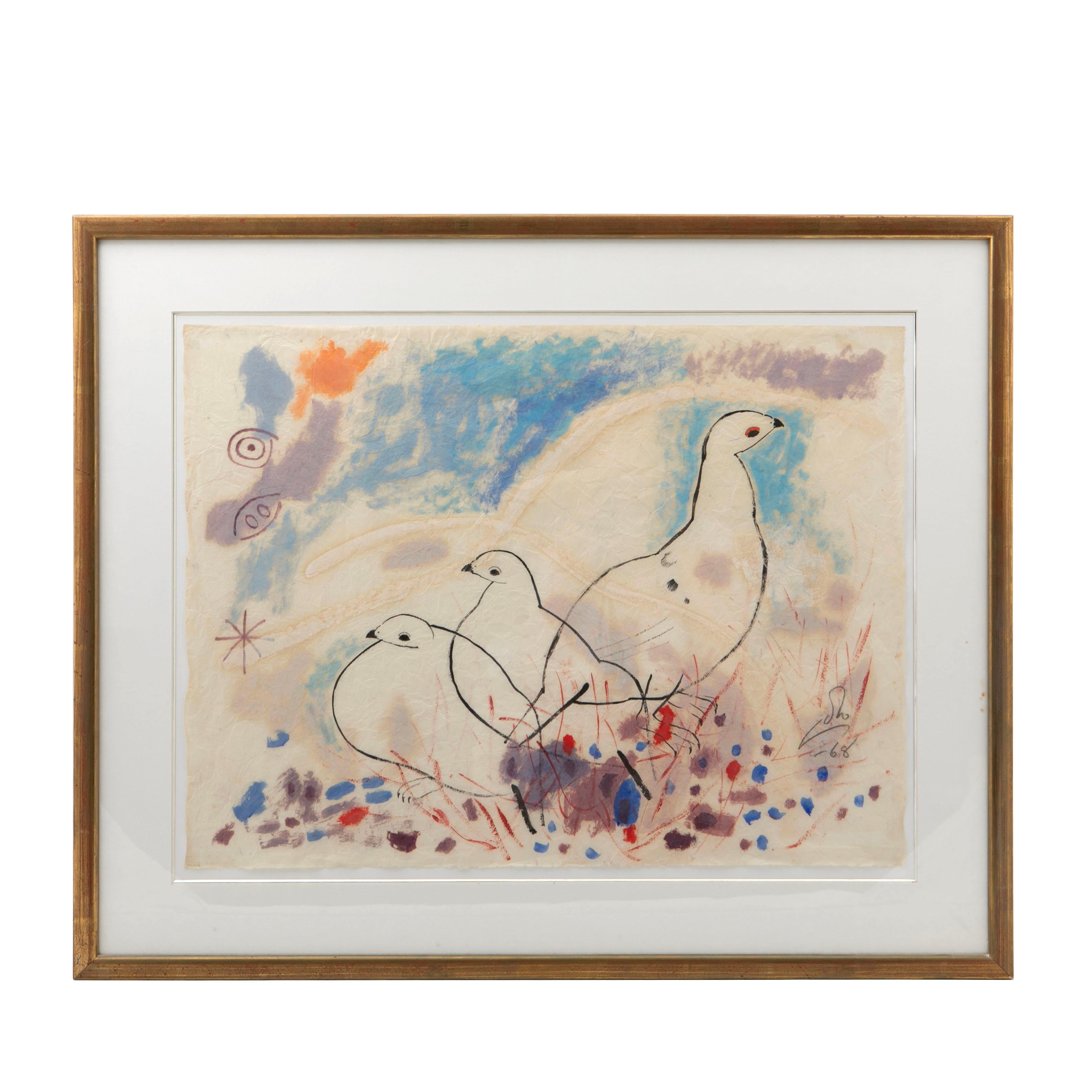 Aage Gitz-Johansen (Danish, 1897-1977)
Composition: Ptarmigans in Greenlandic Landscape. Gouache on handmade paper. Framed with passe-partout in a gilt wood frame with glass.

Sheet dimensions: 47x62 cm.  Frame dimensions: 65x81x2.5 cm.

Signed with