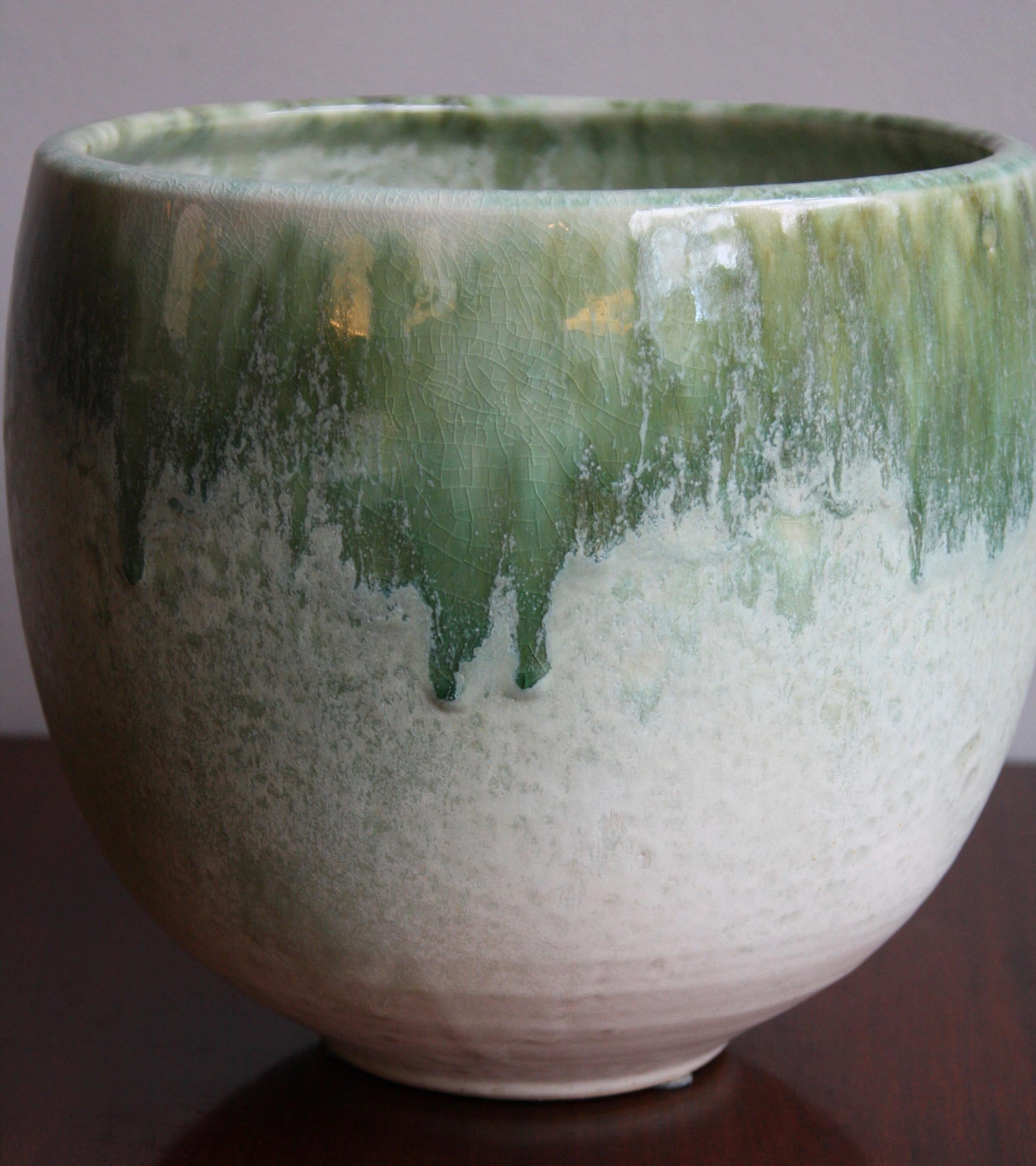 Aage & Kasper Würtz One off Hand Thrown Art Piece Oval Vase White & Green Glaze  5