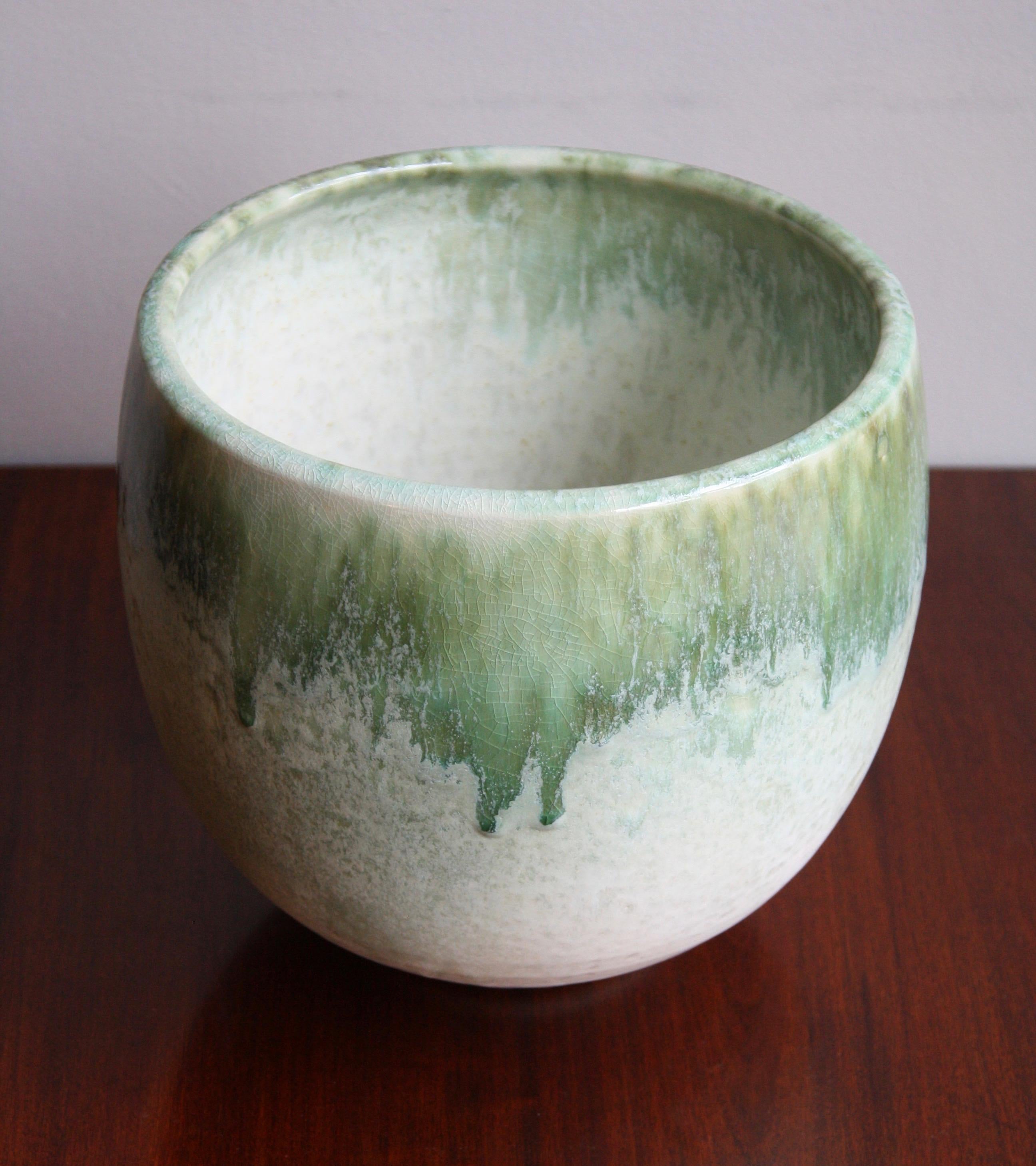 Stoneware Aage & Kasper Würtz One off Hand Thrown Art Piece Oval Vase White & Green Glaze 