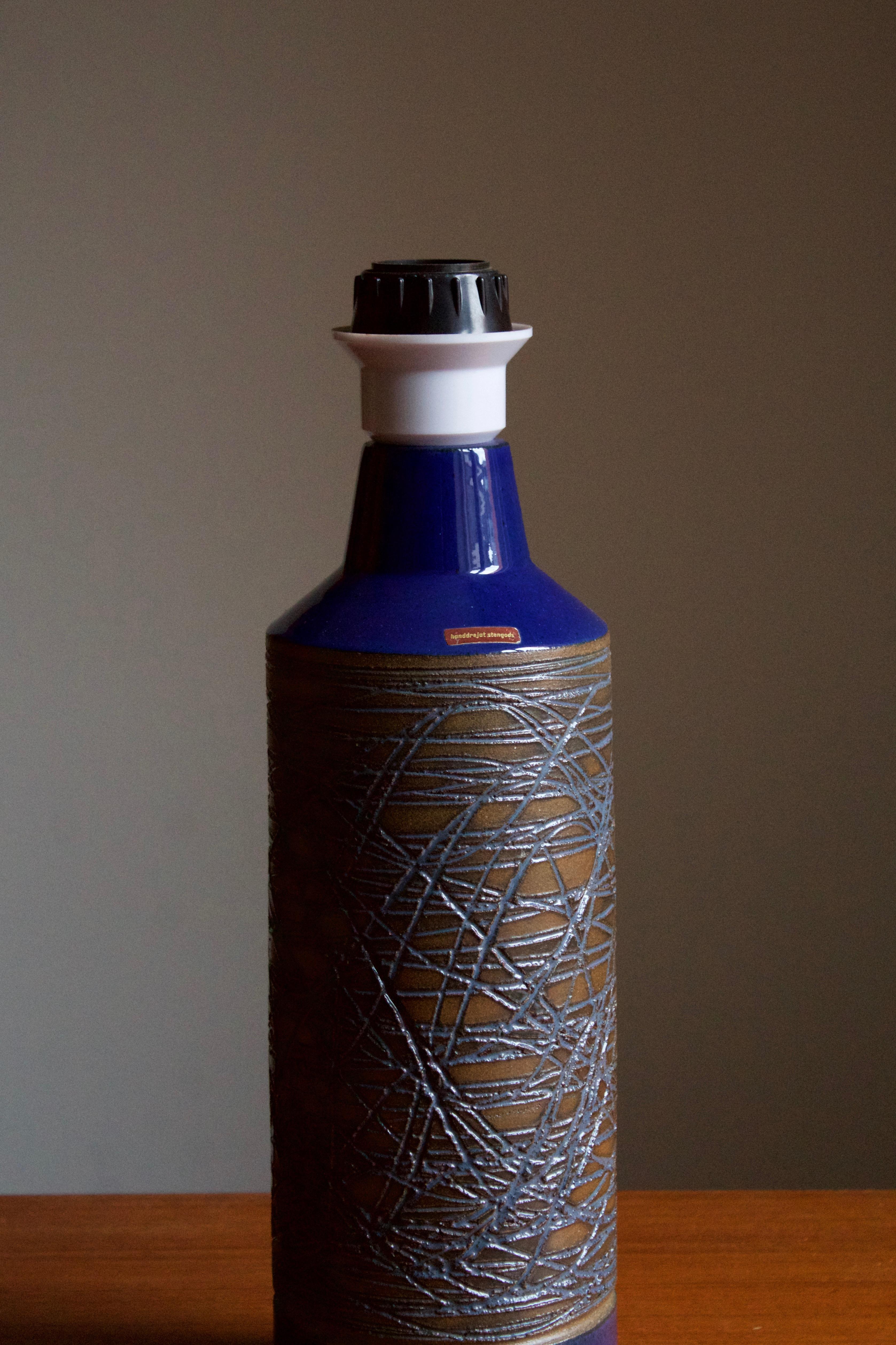 Mid-Century Modern Aage Rasmus Selsbo, Table Lamp, Blue Stoneware, Simlångsdalen, Sweden, 1960s