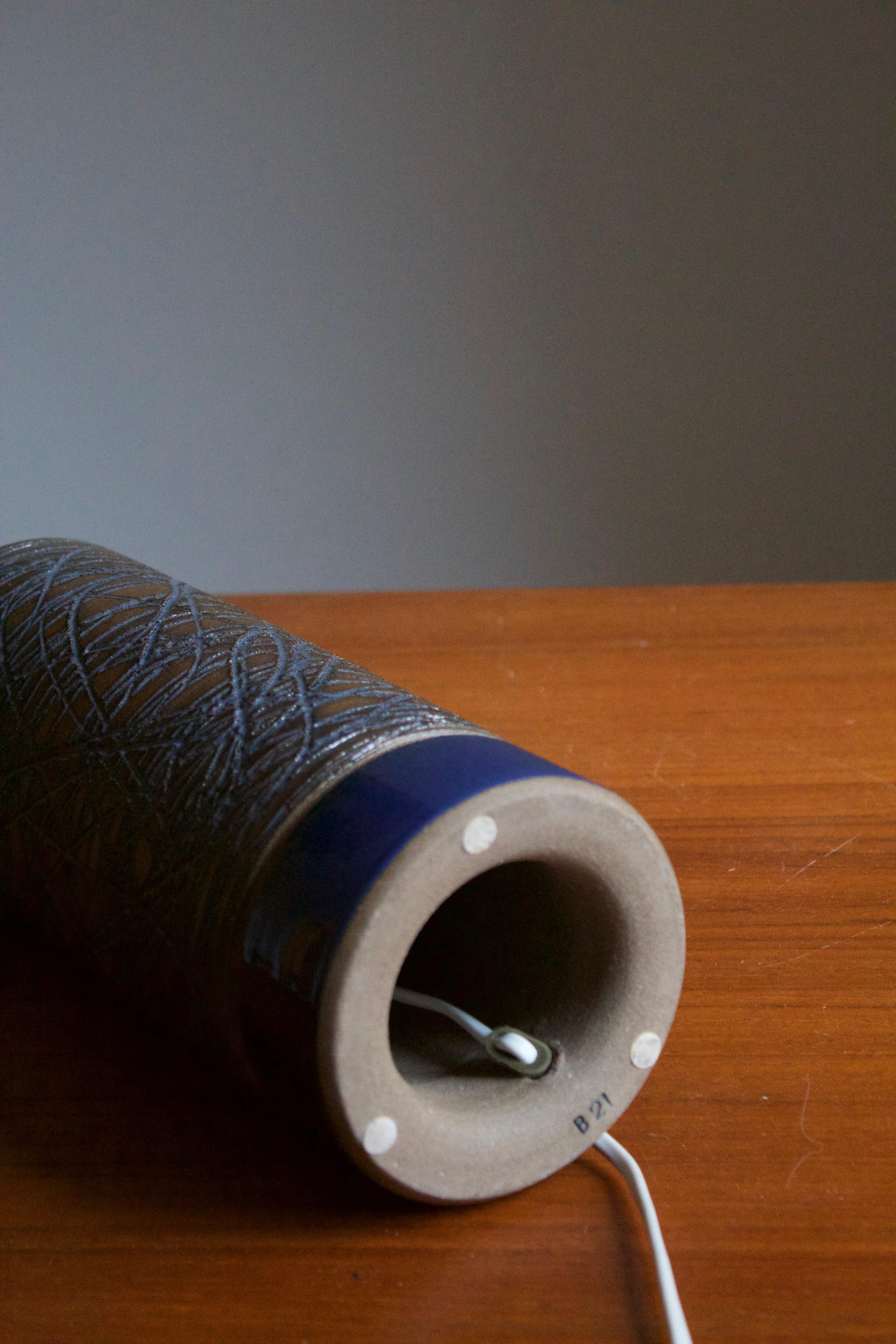 Swedish Aage Rasmus Selsbo, Table Lamp, Blue Stoneware, Simlångsdalen, Sweden, 1960s