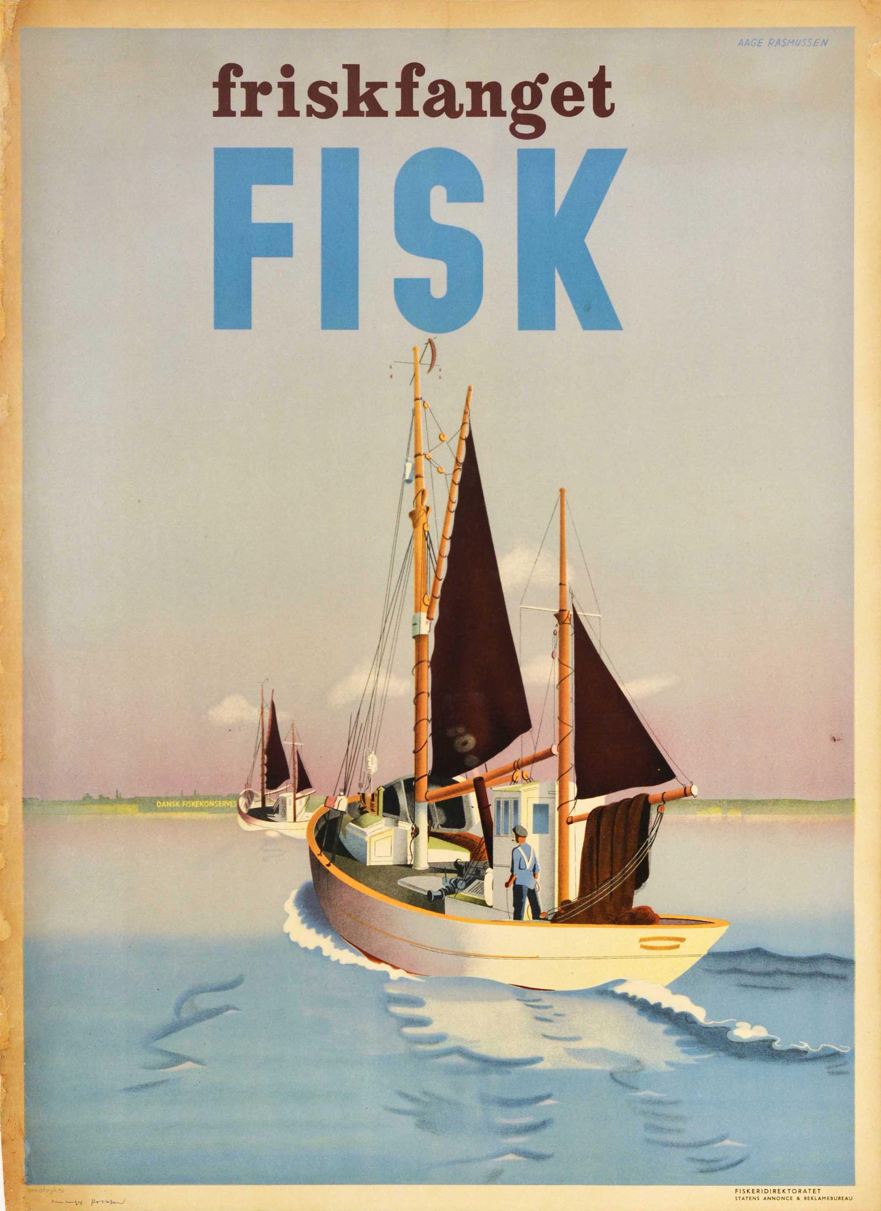 Aage Rasmussen Print - Original Vintage Advertising Poster Friskfanget Fisk Fresh Fish Denmark Boat Art