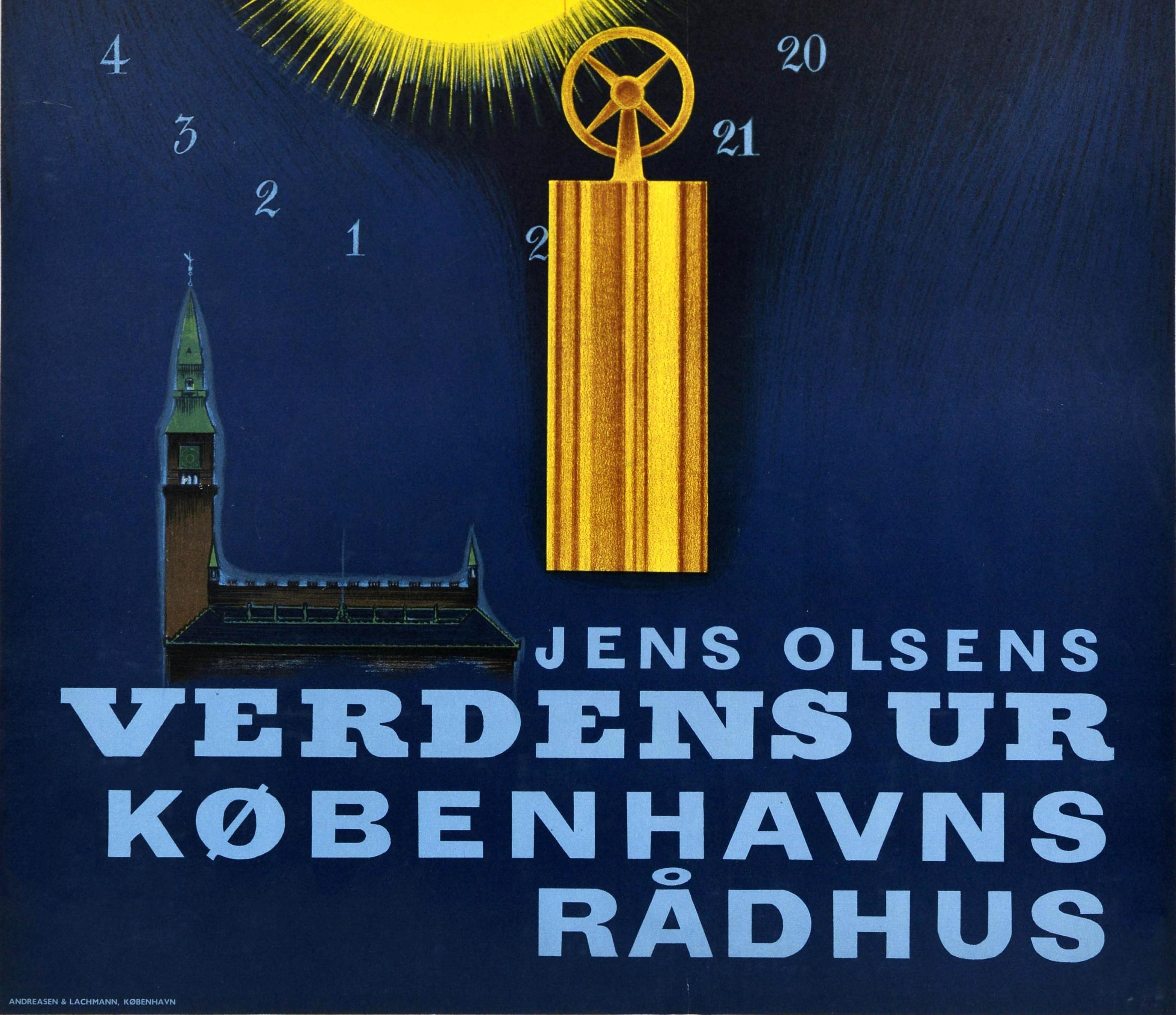 Original-Vintage-Reiseplakat Dänemark, Weltuhr, Kopenhagener Rathaus Olsen (Schwarz), Print, von Aage Rasmussen