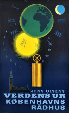 Original Vintage Denmark Travel Poster World Clock Copenhagen City Hall Olsen