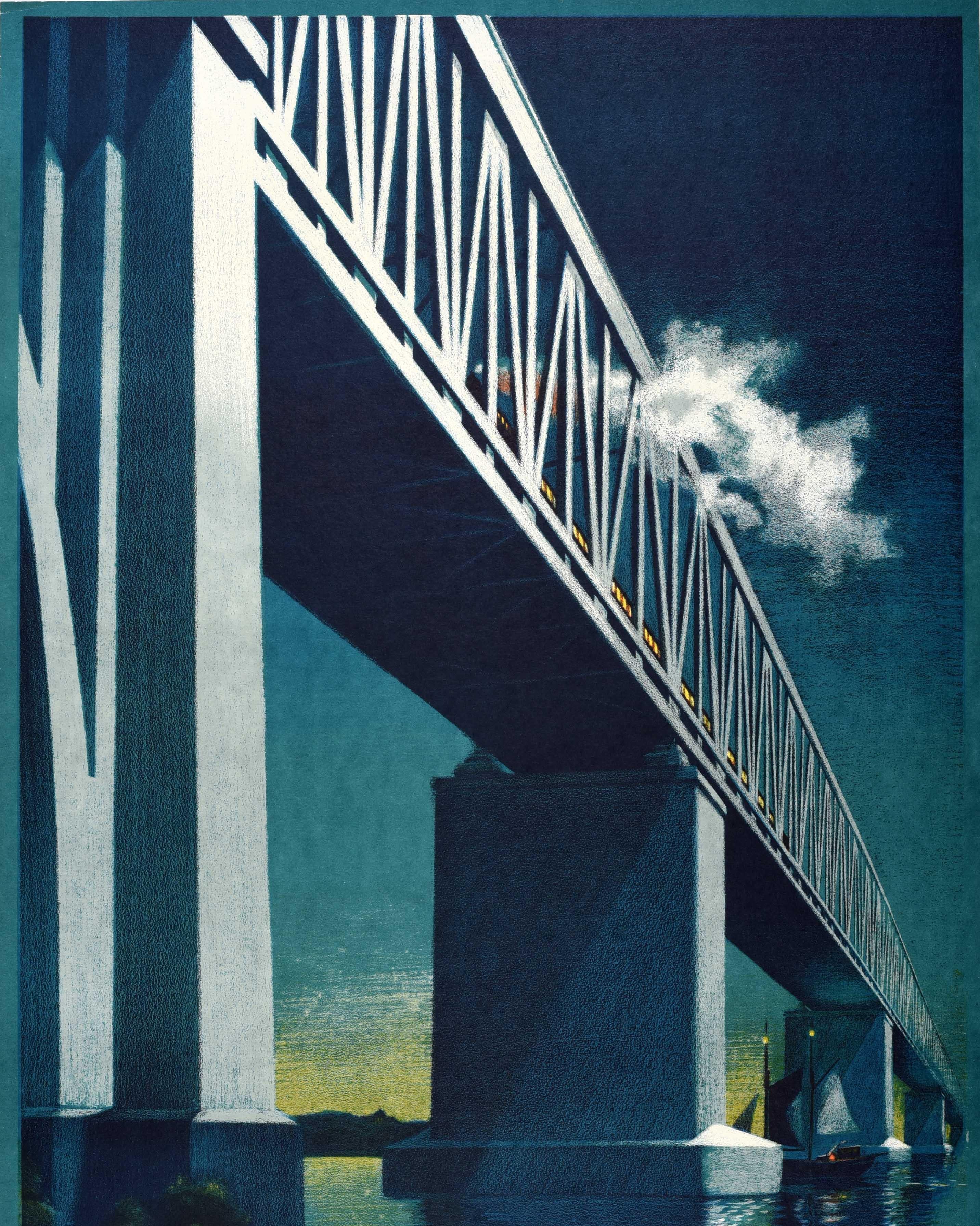 Original Vintage Cartel de Viaje Puente del Pequeño Belt Gran Bretaña Escandinavia - Print Azul de Aage Rasmussen