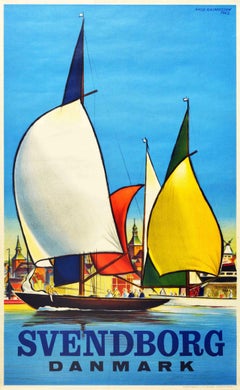 Original Vintage Travel Poster Svendborg Danmark Sailing Pleasure Boat Denmark