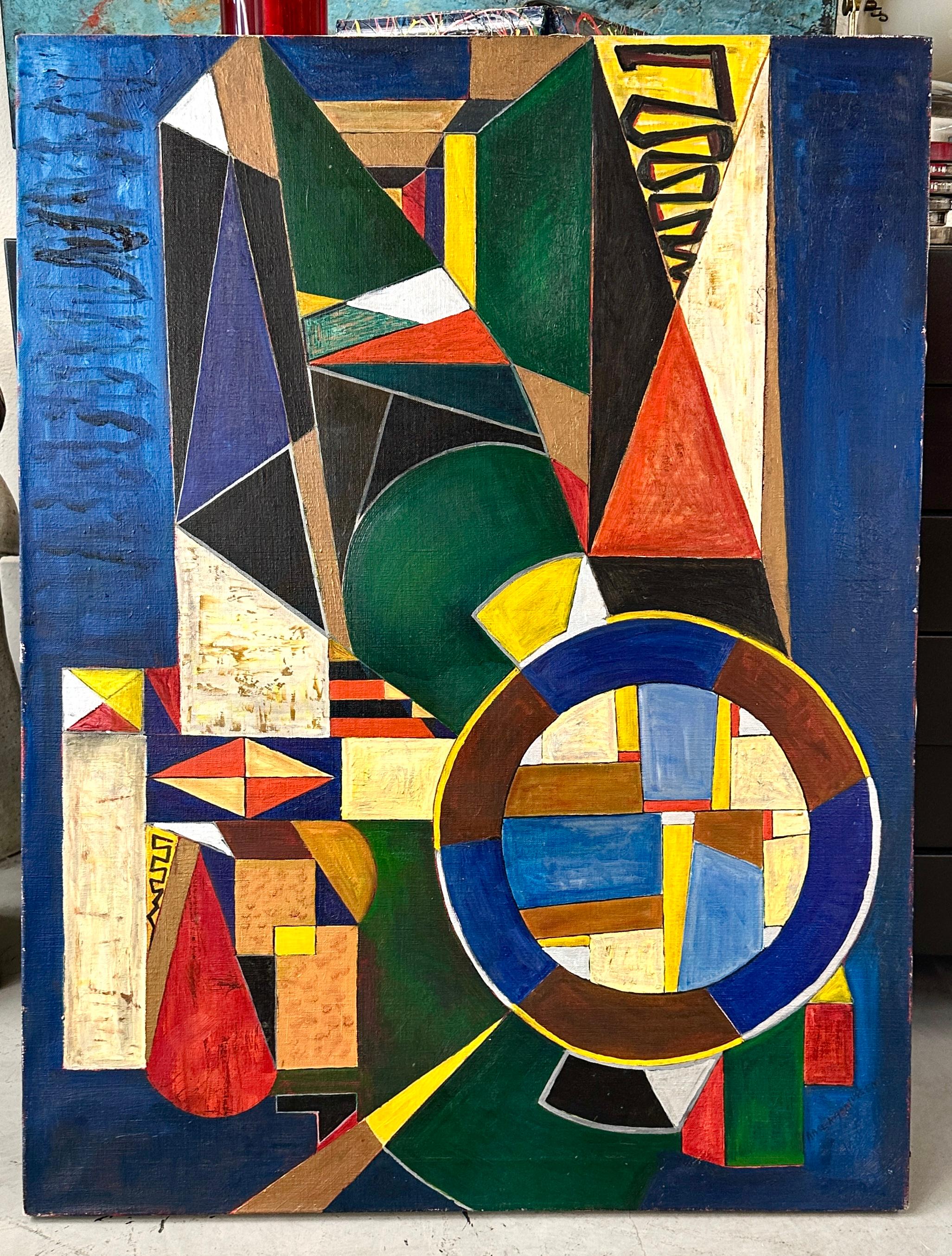 A vibrant geometric abstract by the noted Danish artist Aage Rasmussen. Titled “Space Elements” on the back stretcher, the painting is signed lower left front and on the rear stretcher as well. In good condition with no frame, the work is likely