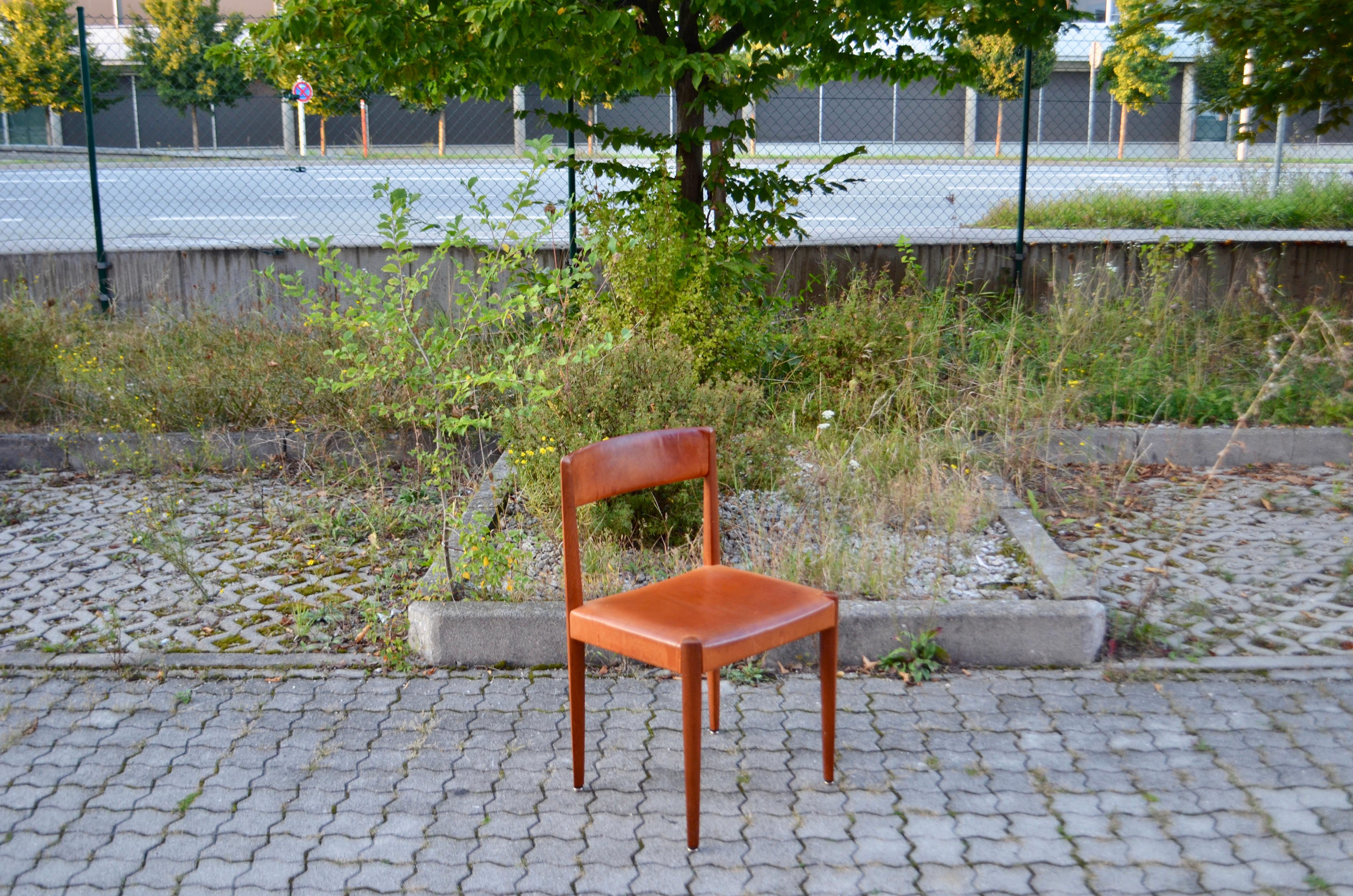 Leather Aage Schmidt Christensen Fritz Hansen Danish Teak Cognac Dining Chair Set of 4 For Sale