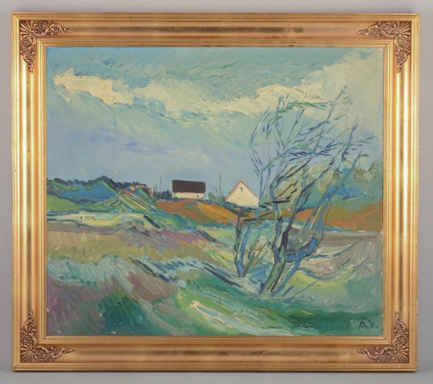 Aage Strand, Danish painter. 
Oil on canvas. 
Countryside landscape.
Post-Impressionist style.
1960s/70s.
Signed ÅS.
In perfect condition.
Dimensions: 69 cm x 59 cm.
Total with frame: 82 cm x 72 cm.