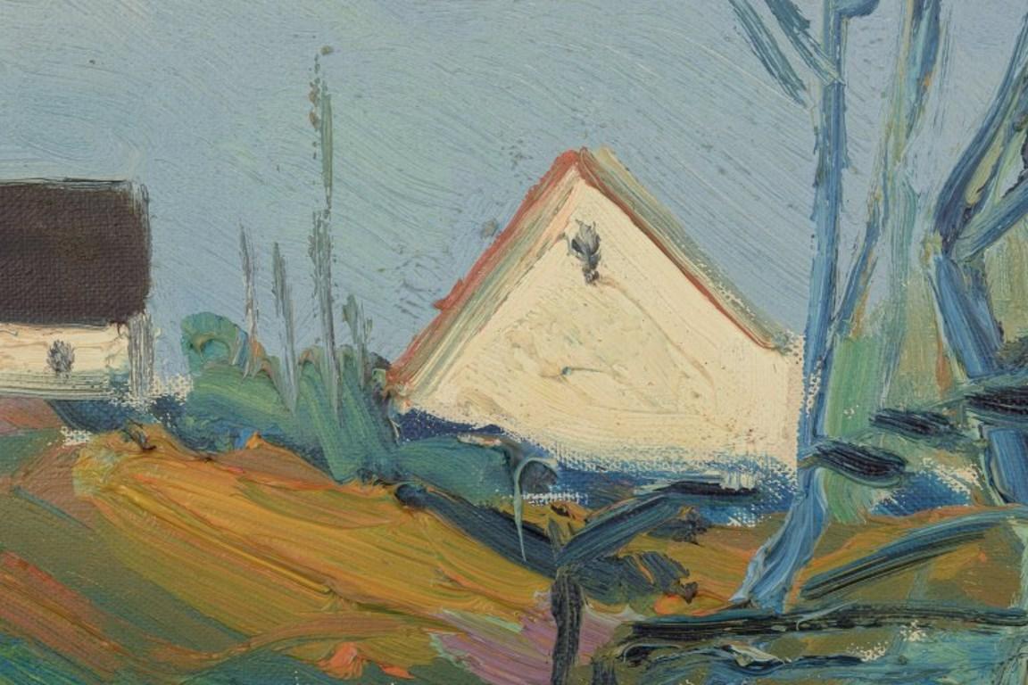 Modern Aage Strand, Danish painter. Oil on canvas. Countryside landscape. 1960s/70s.