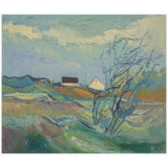 Aage Strand, dänischer Maler. Öl auf Leinwand. Ländliche Landschaft. 1960er/70er Jahre.