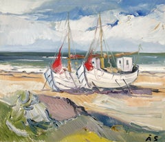 Boats on the Beach - Large Mid 20th Century Danish Oil on Canvas Painting
