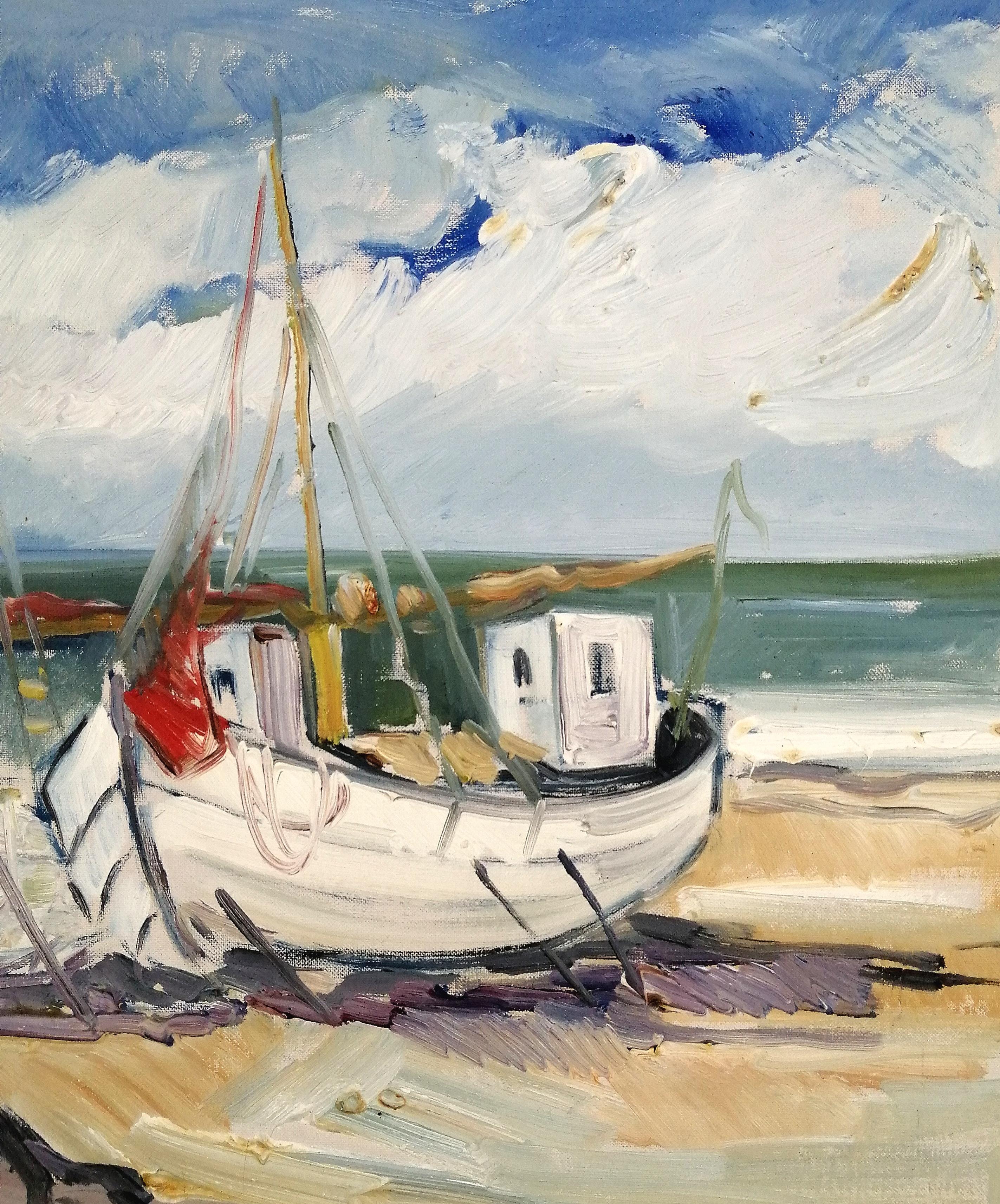 Boats on the Beach – großes dänisches Gemälde, Öl auf Leinwand, Mitte des 20. Jahrhunderts (Braun), Landscape Painting, von Aage Strand