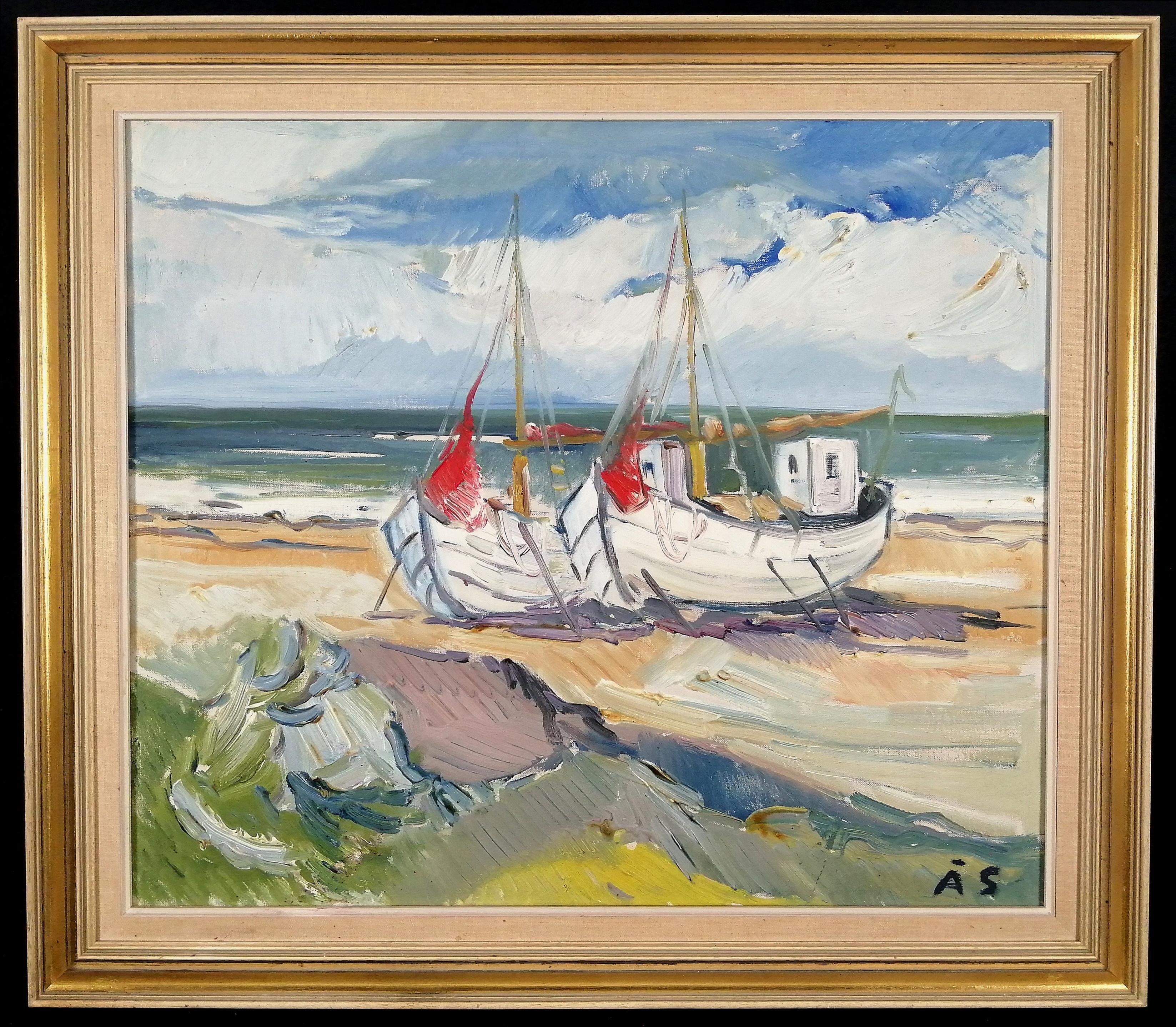 Aage Strand Landscape Painting - Boats on the Beach - Large Mid 20th Century Danish Oil on Canvas Painting