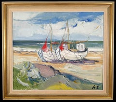 Vintage Boats on the Beach - Large Mid 20th Century Danish Oil on Canvas Painting