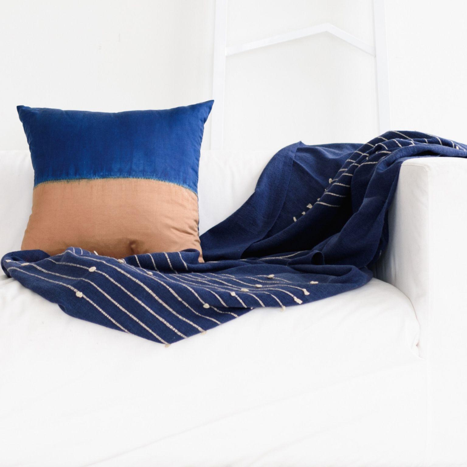 Modern AAKAR Color Block Silk Pillow In Indigo Gold  For Sale