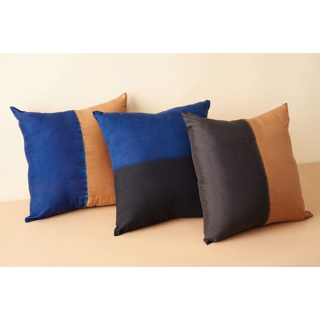 Indian AAKAR MOR Color Block Silk Pillow in Indigo Black  For Sale