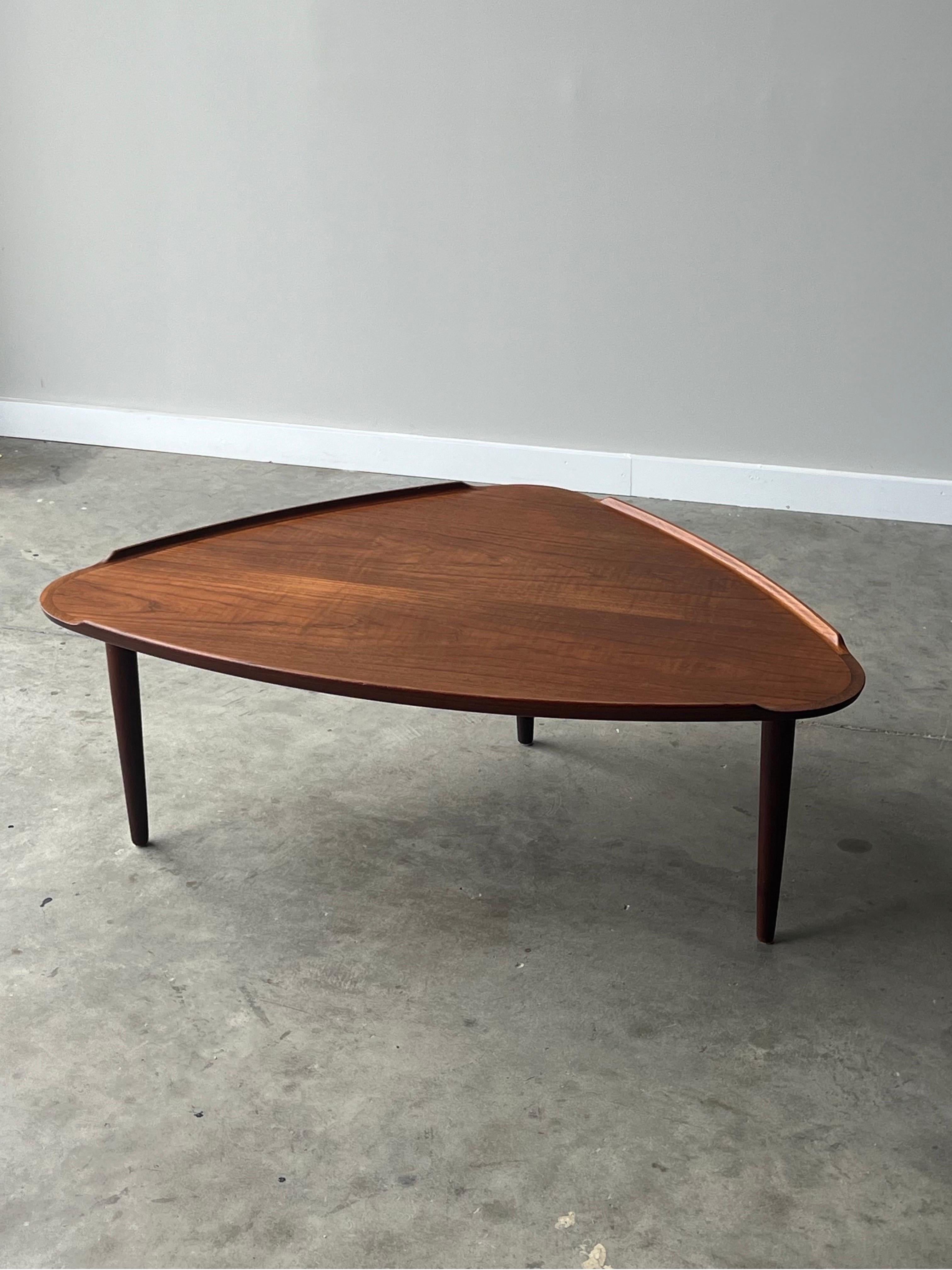 Spectaculaire table basse triangulaire à trépied de l'équipe moderne danoise des années 1960, conçue par Aakjaer Jorgensen. Forme de médiator de guitare avec rebords sculptés. Trois pieds ronds et effilés en teck. Rappelant les designs de Greta Jalk