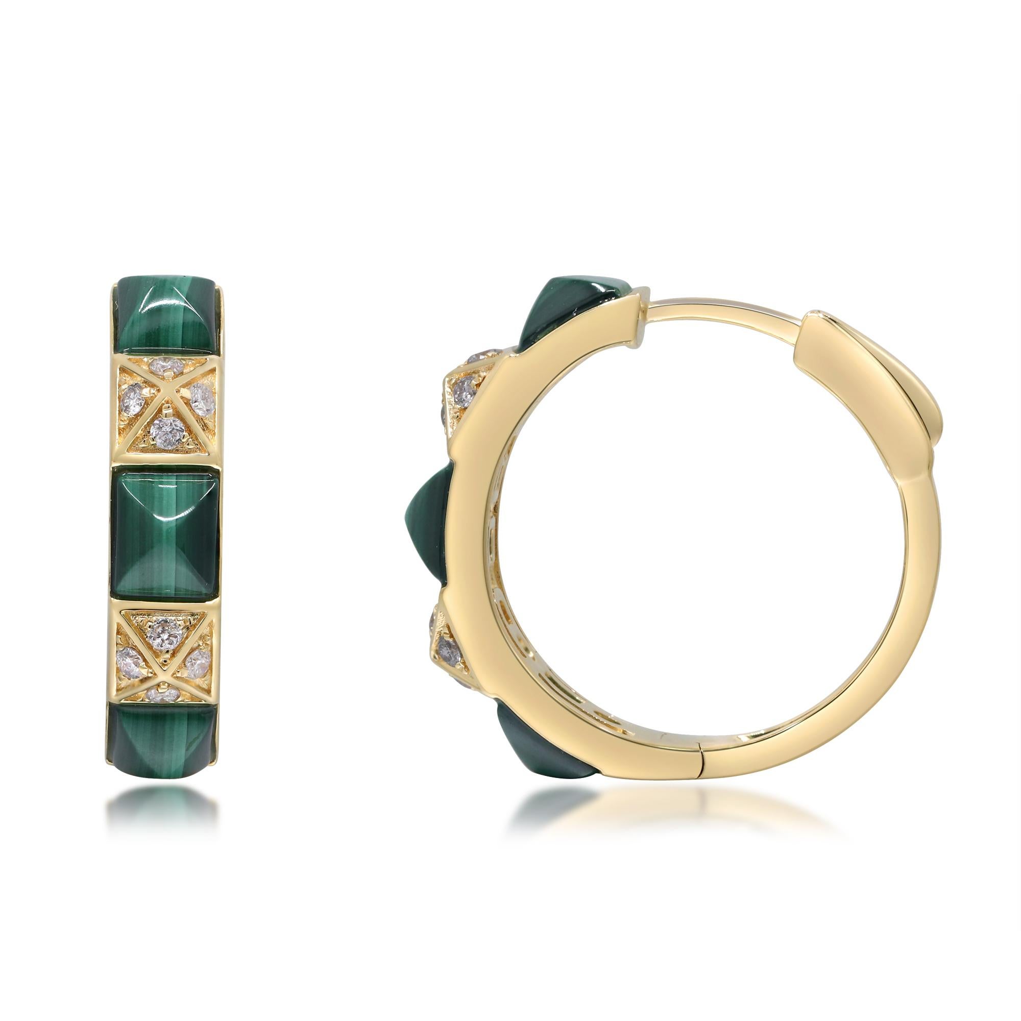 Elevate your style with these exquisite hoop earrings, masterfully crafted in 14K yellow gold. Each earring features six rich green malachite stones totaling 2.8 carats, their natural banding adding depth and character. Accentuating the design,