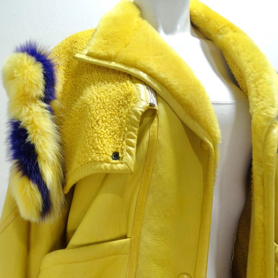 This vintage Aallard Megeve yellow leather coat is soo eye catching and fun! Aallard Megeve presents a unique twist on the classic leather jacket with this incredible vibrant yellow color. The star of the show is this show-stopping yellow and purple