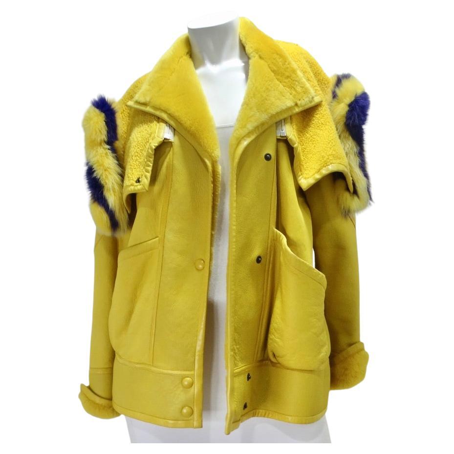 Aallard Megeve Yellow Leather Fur Jacket For Sale