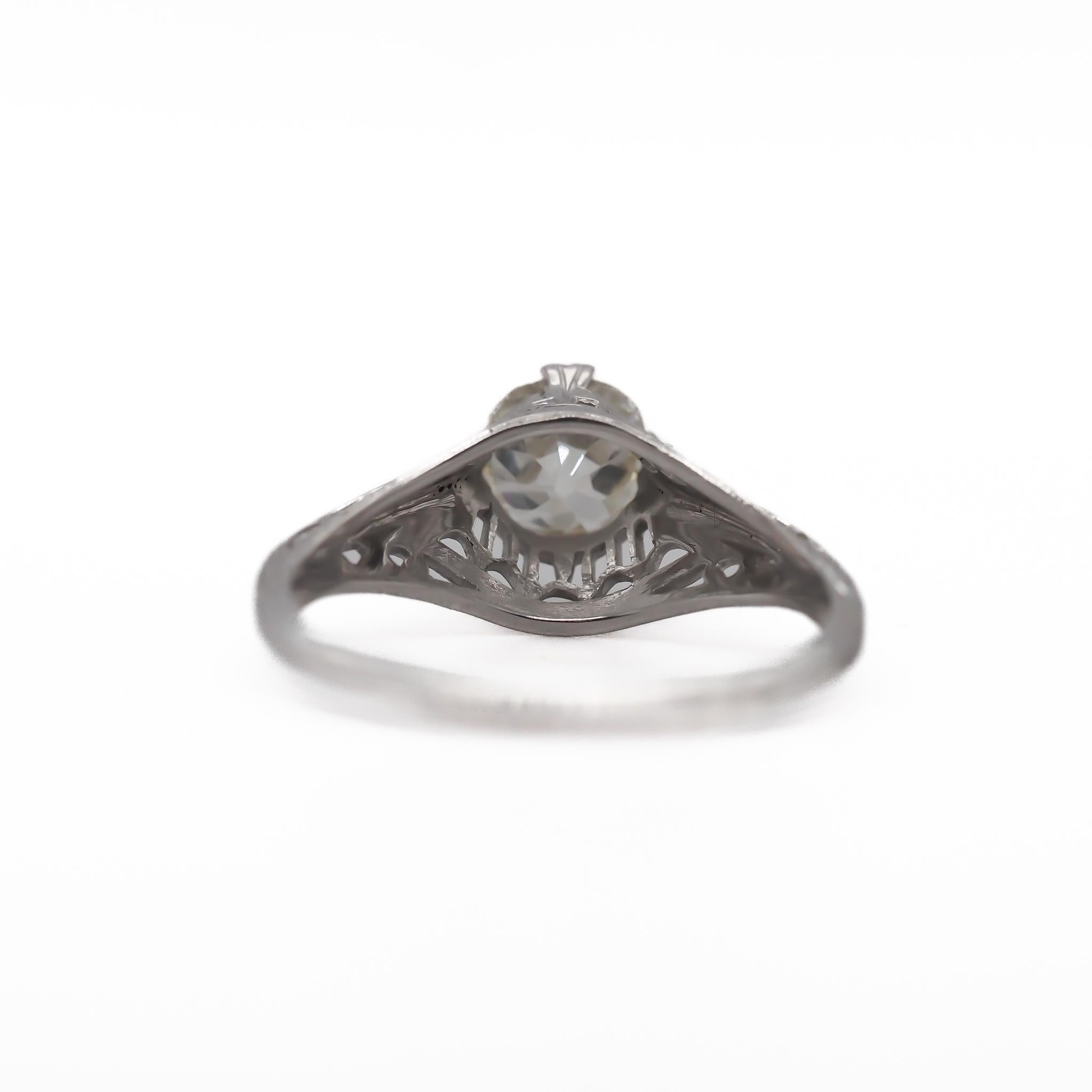 AAntique 14K White Gold Engagement Ring with .96ct Old Miner Cut Diamond VEG #67 In Excellent Condition For Sale In Hicksville, NY