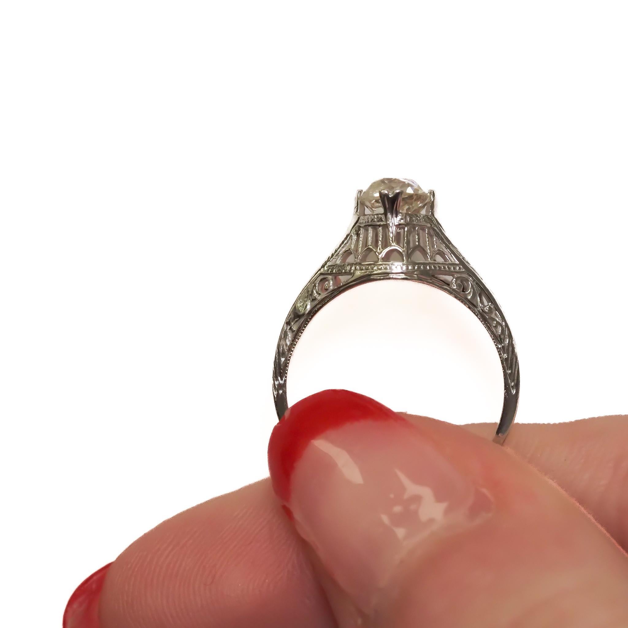AAntique 14K White Gold Engagement Ring with .96ct Old Miner Cut Diamond VEG #67 For Sale 1