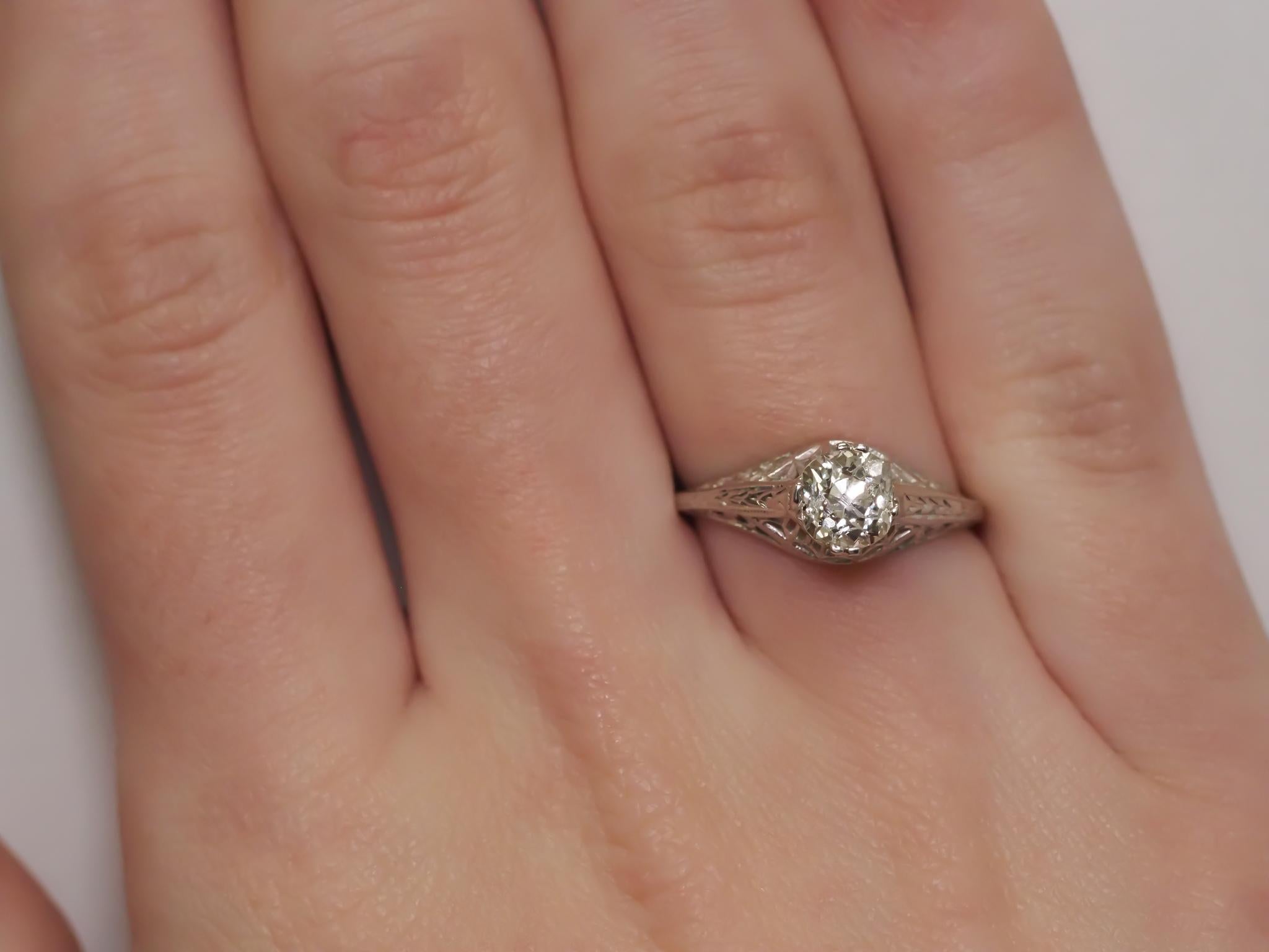AAntique 14K White Gold Engagement Ring with .96ct Old Miner Cut Diamond VEG #67 For Sale 4