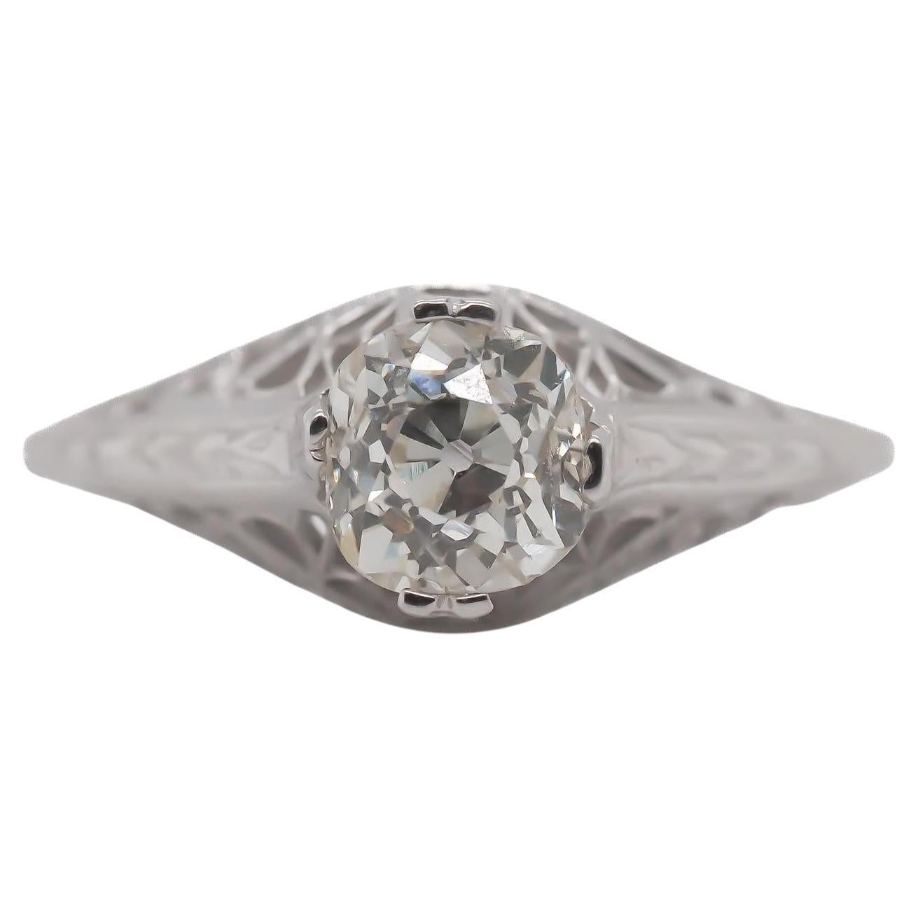 AAntique 14K White Gold Engagement Ring with .96ct Old Miner Cut Diamond VEG #67