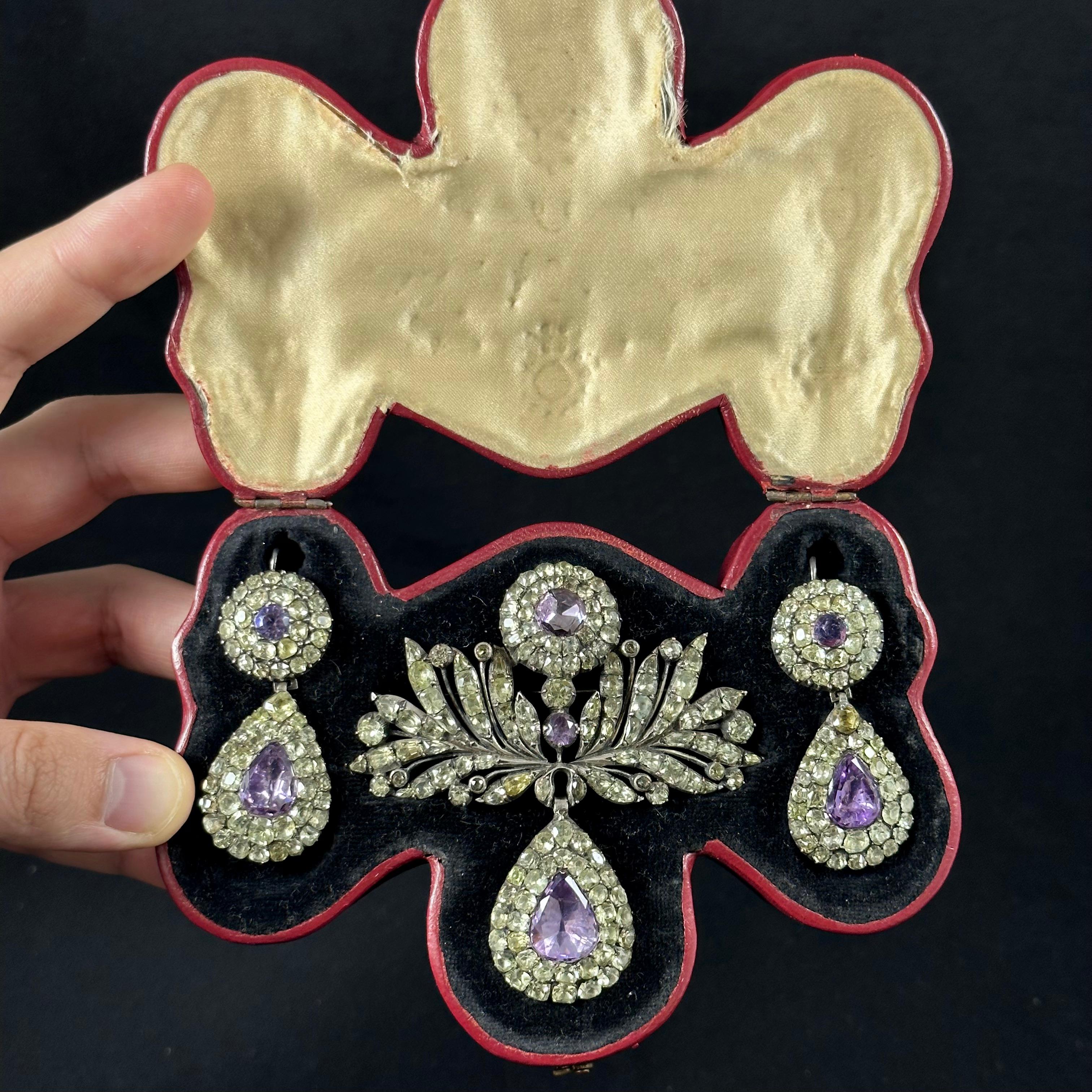 Antique Chrysolite Chrysoberyl Amethyst Brooch Earrings Silver Set Portuguese For Sale 4