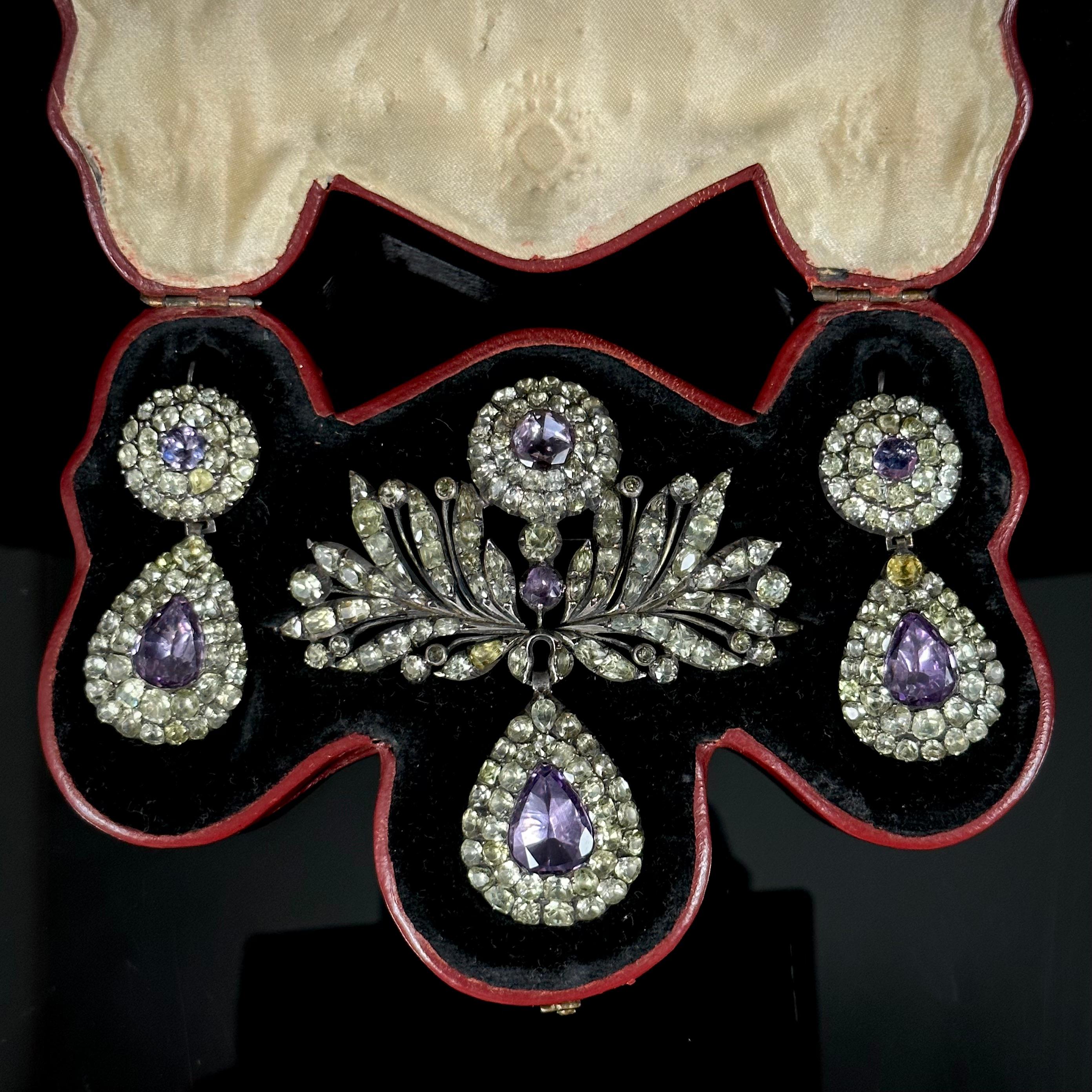 Antique Chrysolite Chrysoberyl Amethyst Brooch Earrings Silver Set Portuguese In Good Condition For Sale In Lisbon, PT