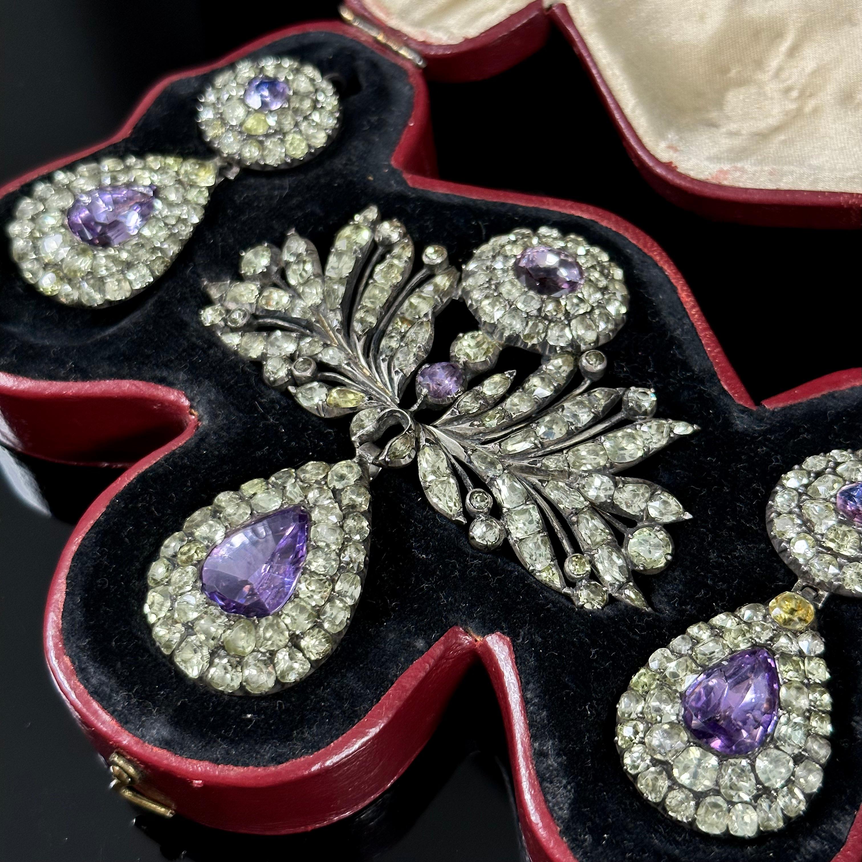 Antique Chrysolite Chrysoberyl Amethyst Brooch Earrings Silver Set Portuguese For Sale 1