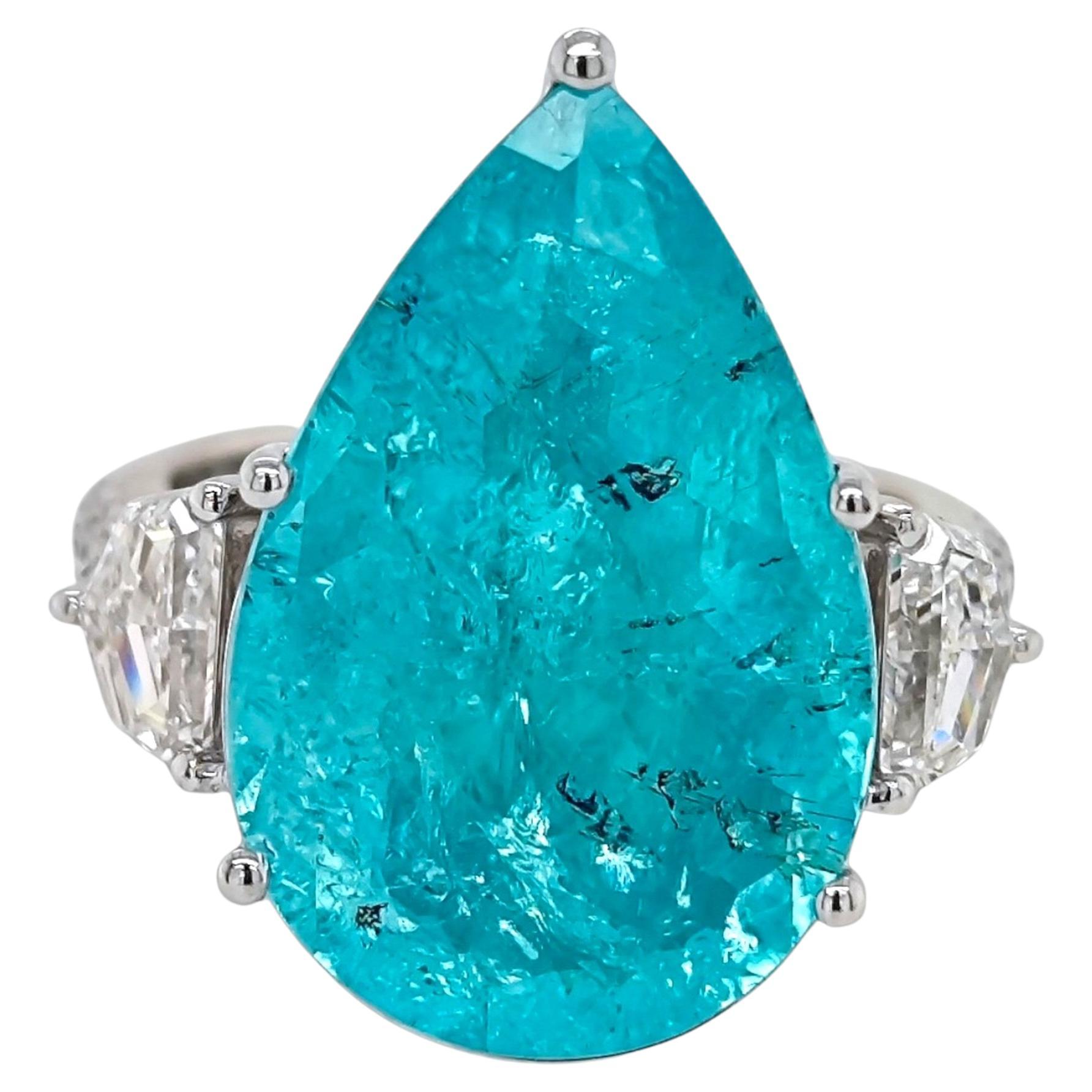AAP Anillo de oro blanco con diamante fantasía Paraiba azul neón pera certificado de 12,59 quilates