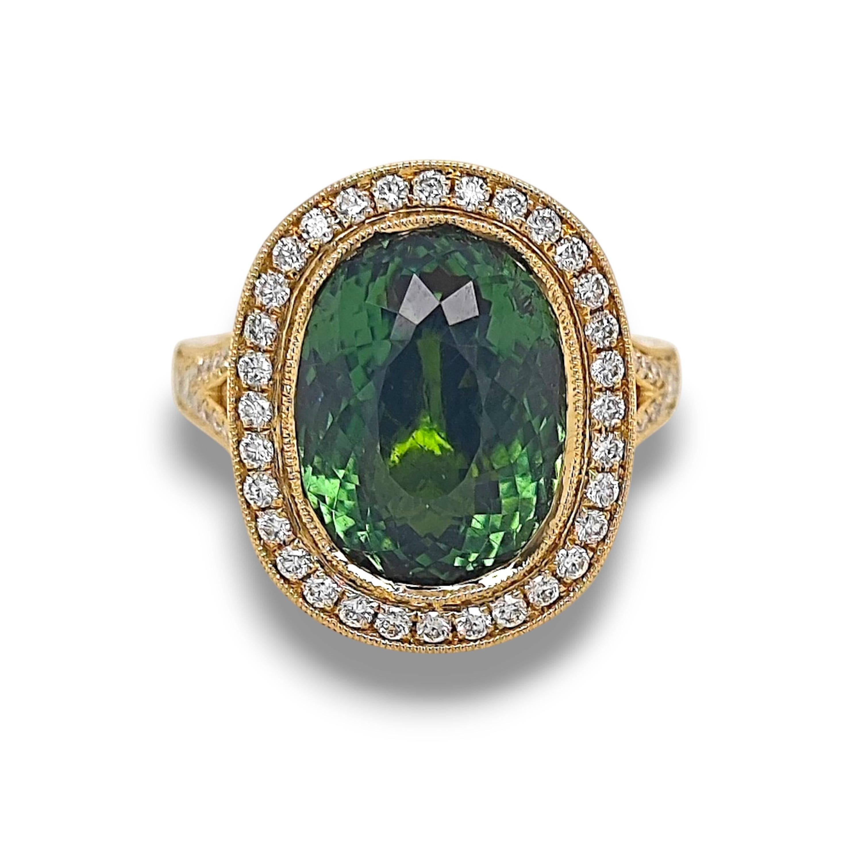 Taglio ovale Anello in oro giallo con diamante rotondo Paraiba ovale verde AAP in vendita
