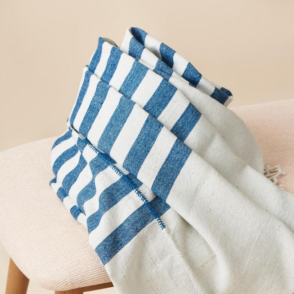 Modern AARI Handloom Indigo Stripes Pattern Throw / Blanket in Organic Cotton