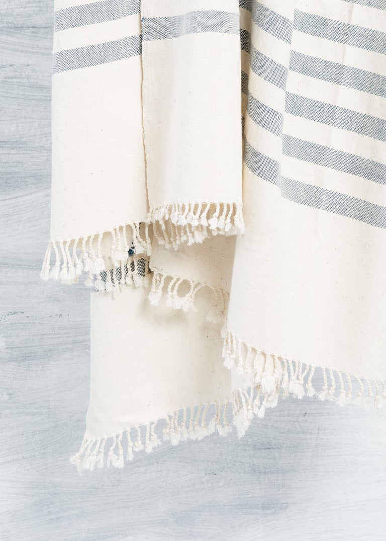 AARI Handloom Indigo Stripes Pattern Throw / Blanket in Organic Cotton For Sale 2