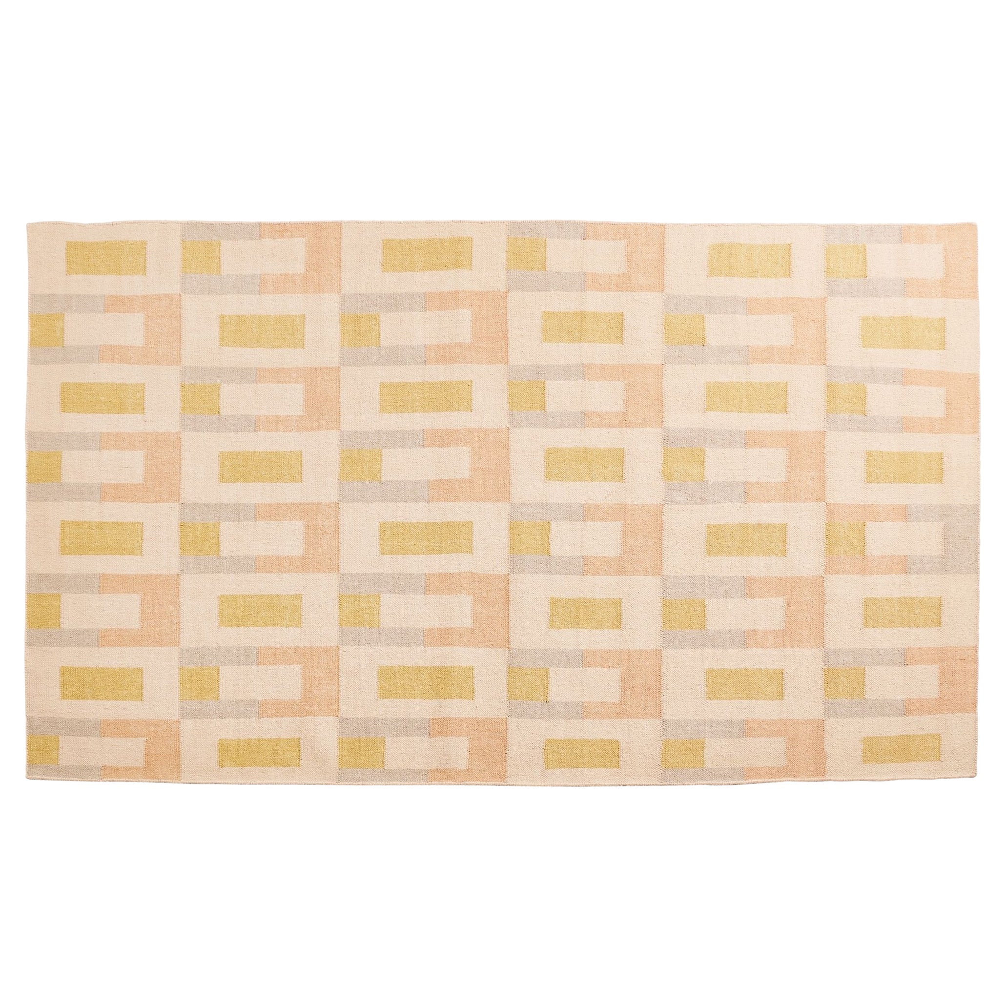 Handgewebter geometrischer moderner indischer Teppich in mehrfarbigen pastellfarbenen Schirmen von Aari im Angebot