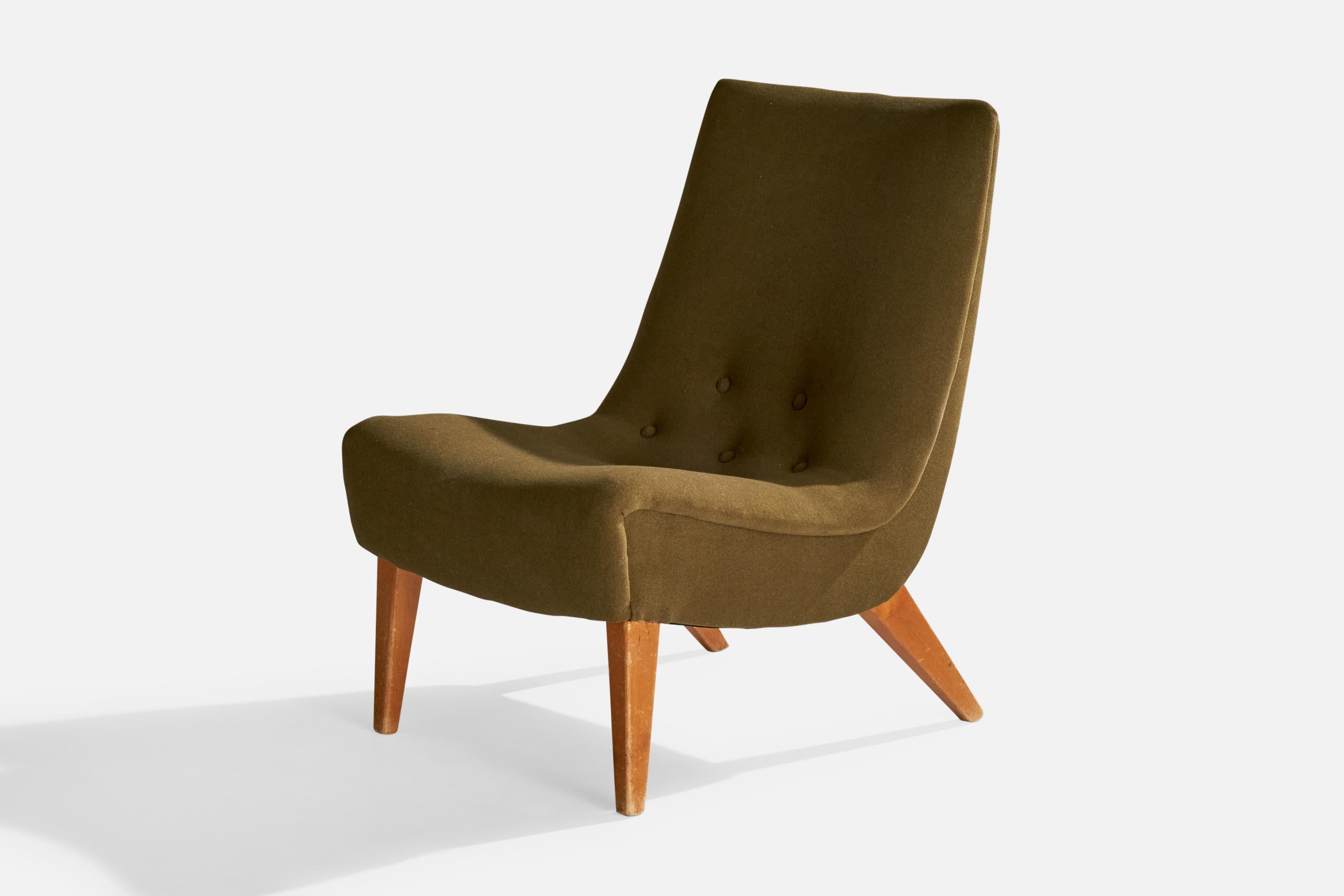 Mid-20th Century Aarne Ervi Attribution, Slipper Chair, Wood, Fabric, Finland, 1950s For Sale
