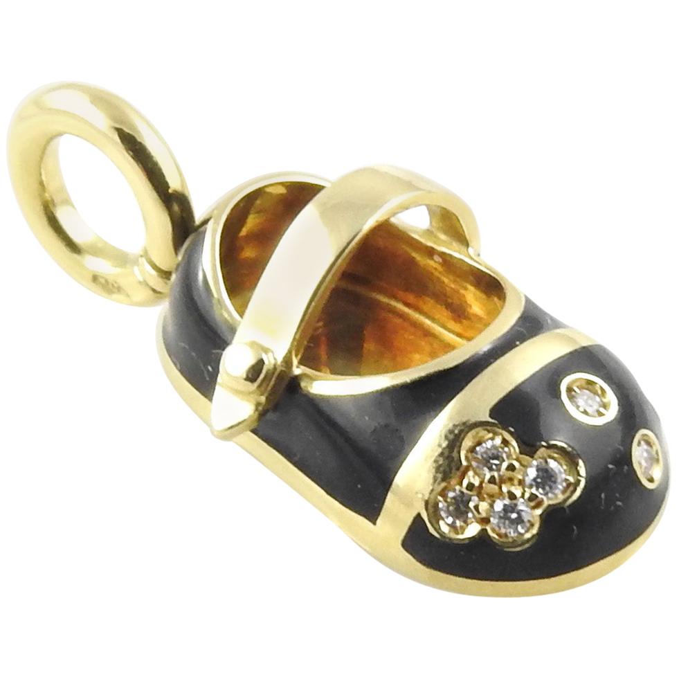 Aaron Basha 18 Karat Gold Diamond and Black Enamel Baby Shoe Charm or Pendant