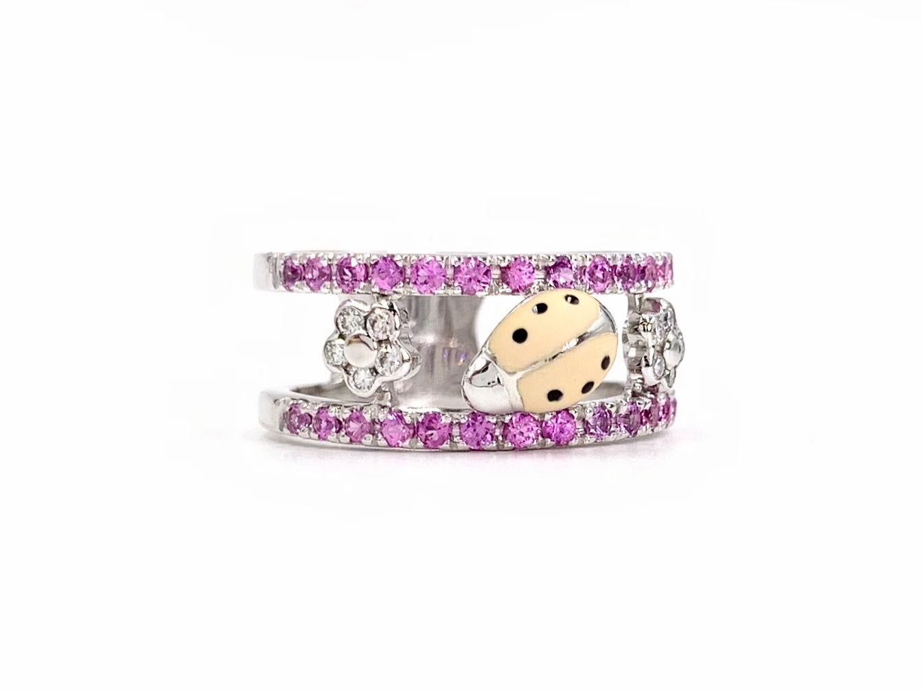 Hand crafted with exceptional quality by high-jewelry designer, Aaron Basha. Known for their adorable yet stylish designs, this double-decker style 18 Karat white gold wide ring does not disappoint. Ring features two rows of vibrant pink sapphires