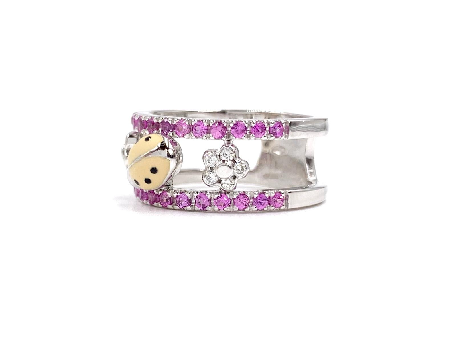 Round Cut Aaron Basha 18 Karat White Gold Pink Sapphire and Diamond Ladybug Ring For Sale