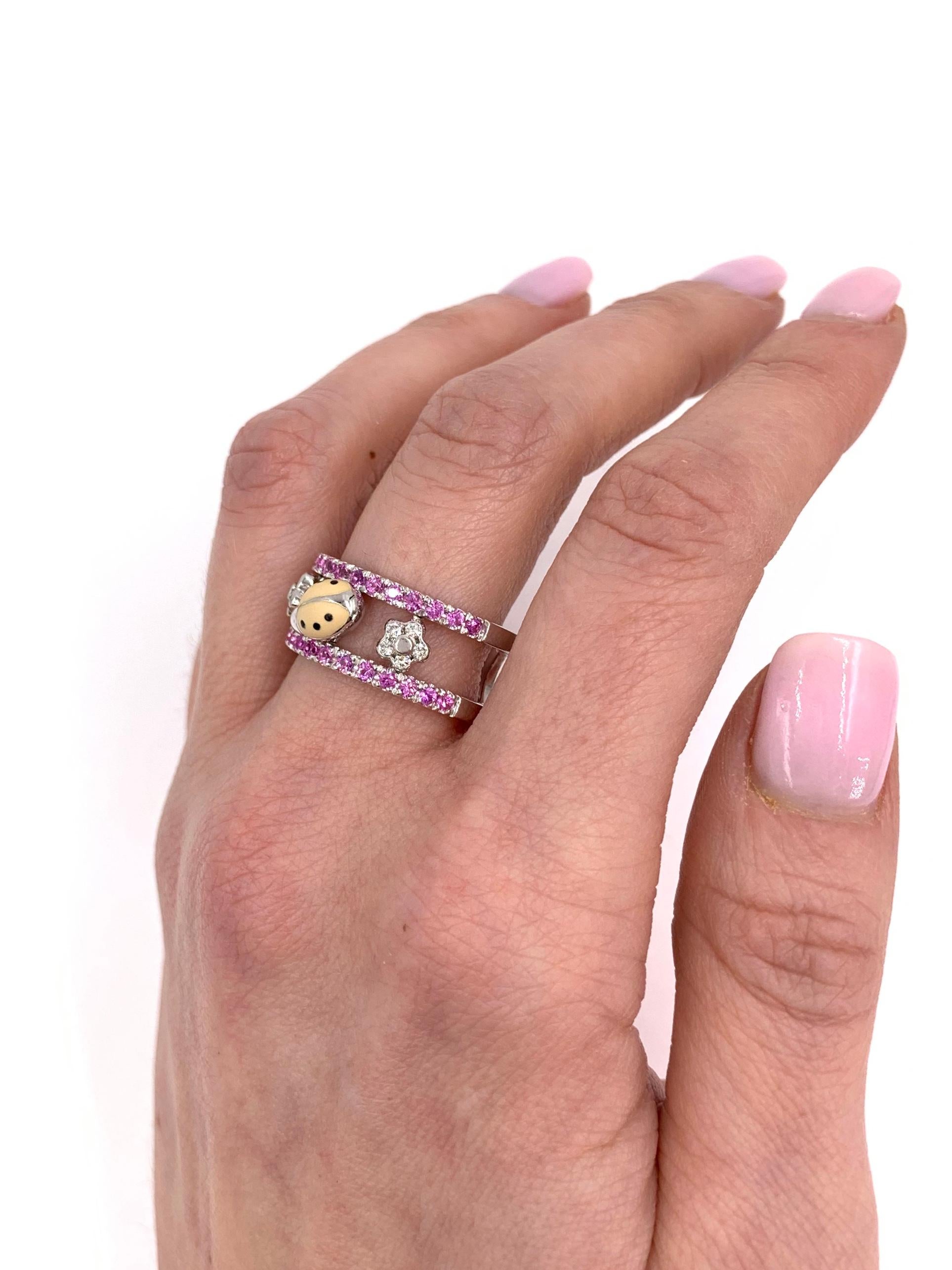 Women's Aaron Basha 18 Karat White Gold Pink Sapphire and Diamond Ladybug Ring For Sale