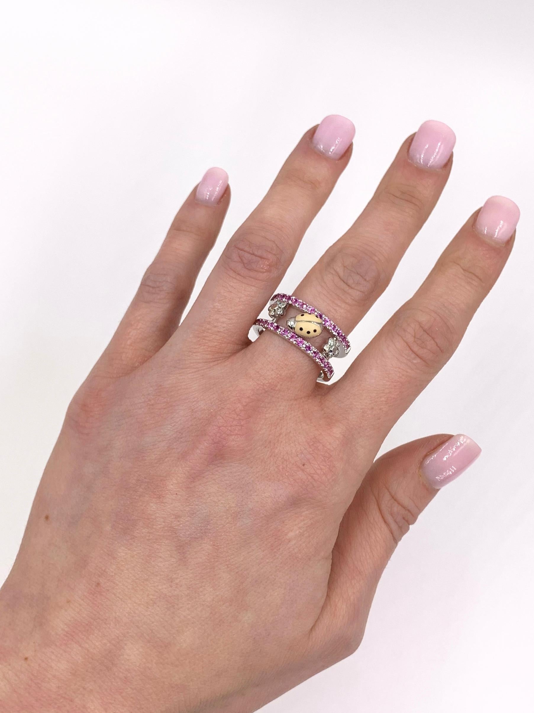 Aaron Basha 18 Karat White Gold Pink Sapphire and Diamond Ladybug Ring For Sale 1