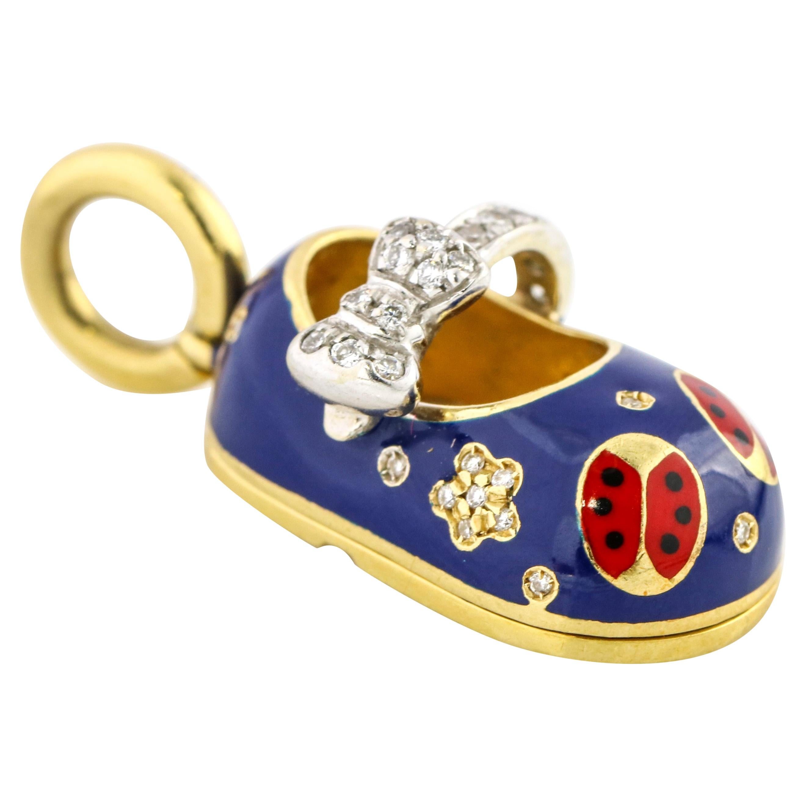 Aaron Basha 18 Karat Yellow Gold Blue Red Enamel Diamond Ladybug Shoe For Sale