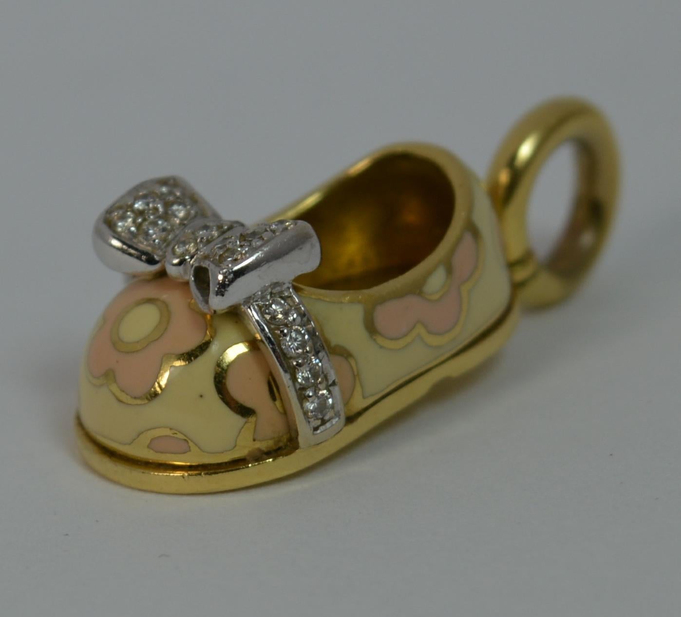 Modern Aaron Basha 18 Carat Gold Enamel Pink Flower Shoe Charm Pendant