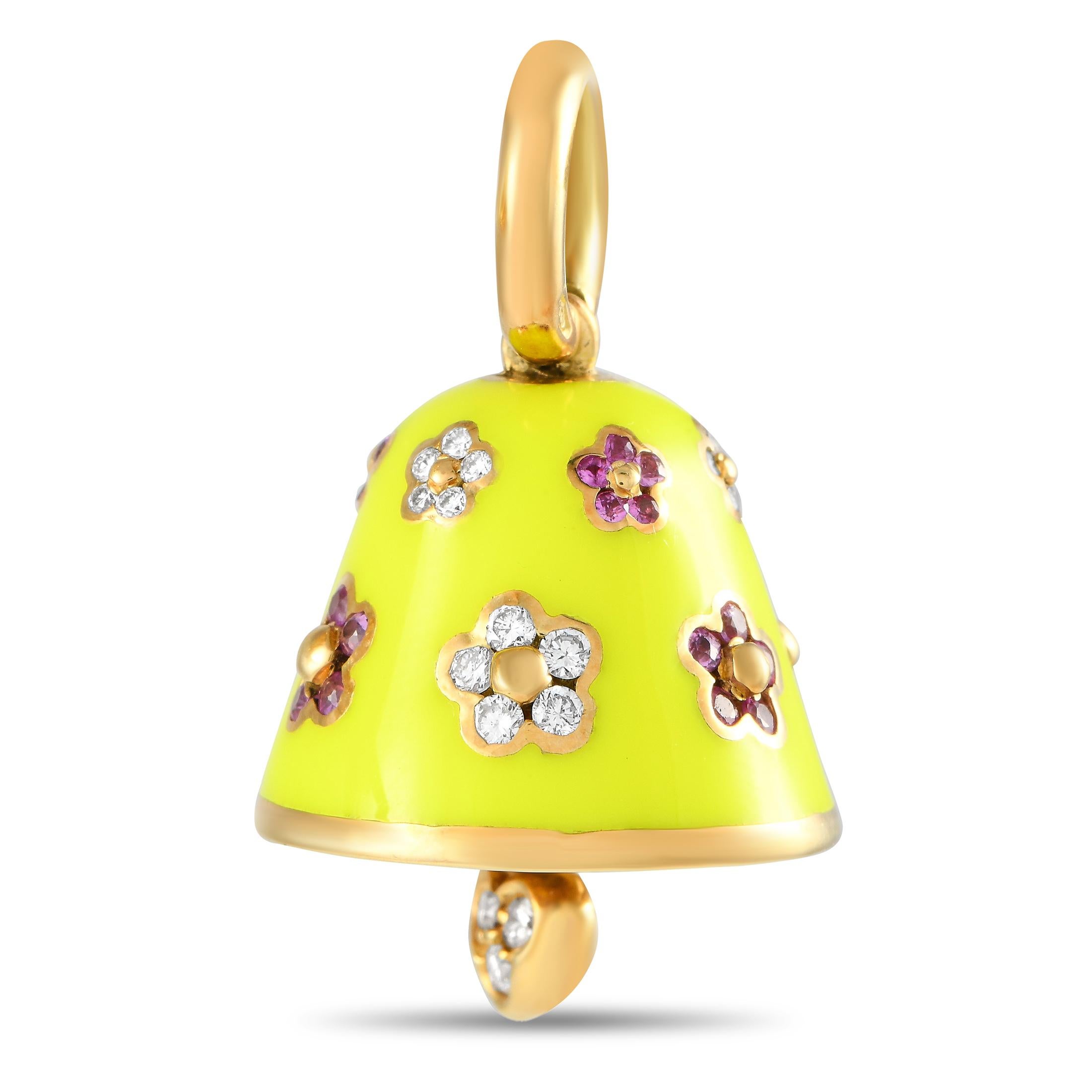This bell is ready to ring a happy tune and make your daily accessorizing brighter. A creation of Aaron Basha, this yellow gold bell charm comes with a neon yellow enamel finish. Tiny flowers, with diamonds and pink sapphires as petals, mark the