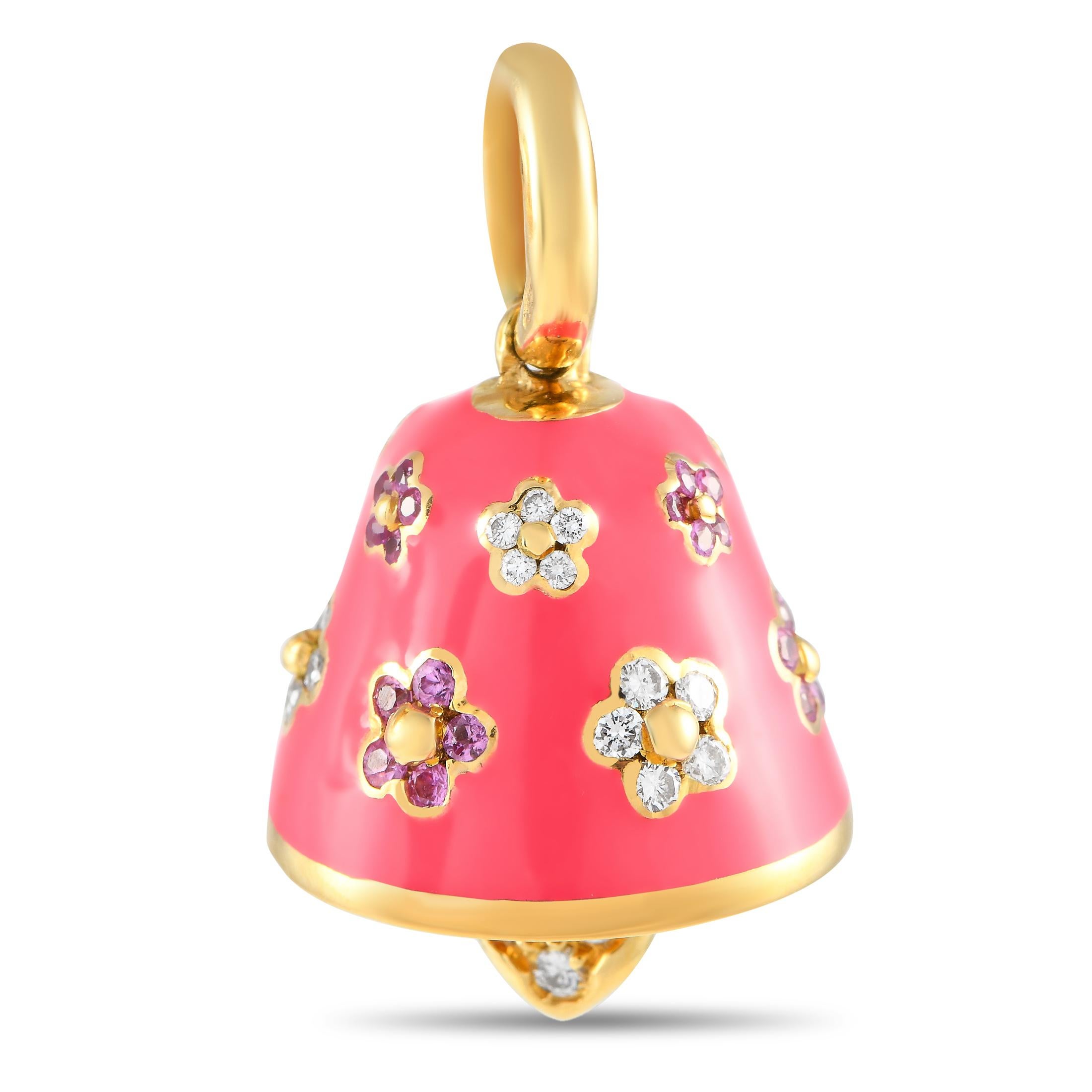 When you're told to come 'with bells on,' wear this lovely bell charm on your bracelet or necklace. From Aaron Basha's whimsical collection of colorful charms, here is a bell-shaped trinket rendered in yellow gold and finished in bright pink enamel.