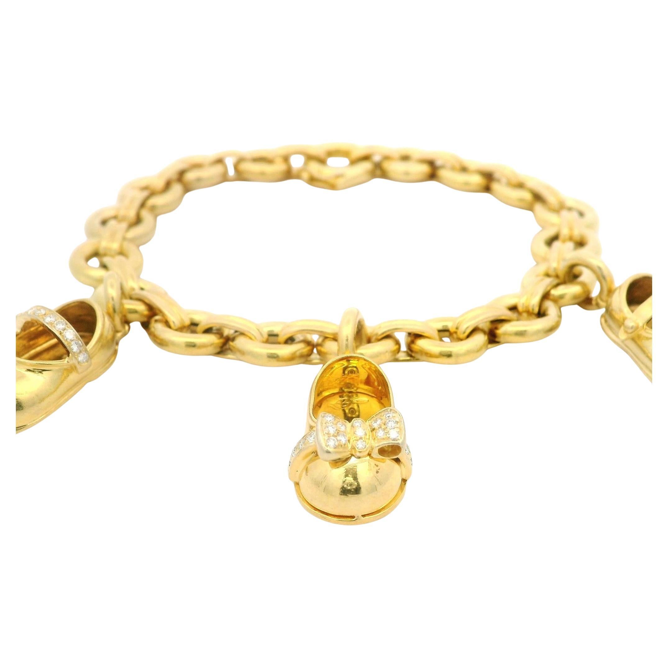 Aaron Basha 18k Gold 3 Diamond Shoe Charms on Open Round Link Charm Bracelet