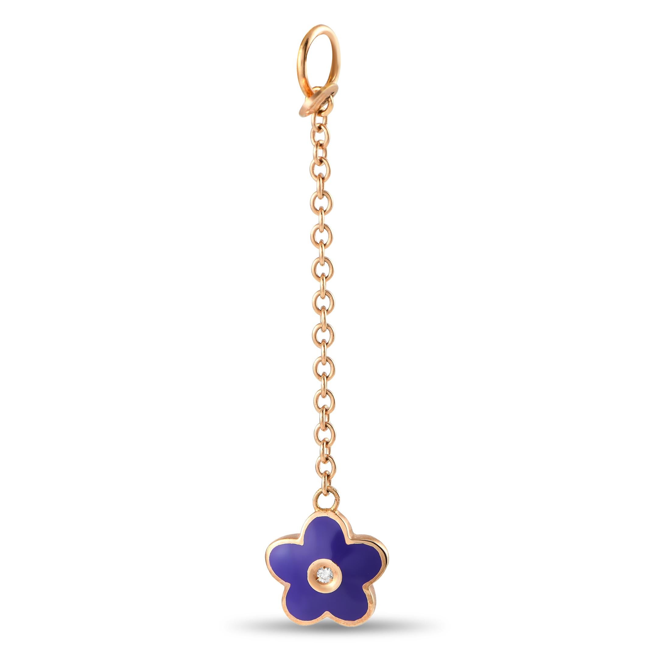 Bring the beauty of nature to your jewelry box with this rose gold flower charm. An Aaron Basha piece, it is crafted in precious 18K rose gold and detailed with purple enamel and a diamond center. Aside from serving as a bracelet charm, this can