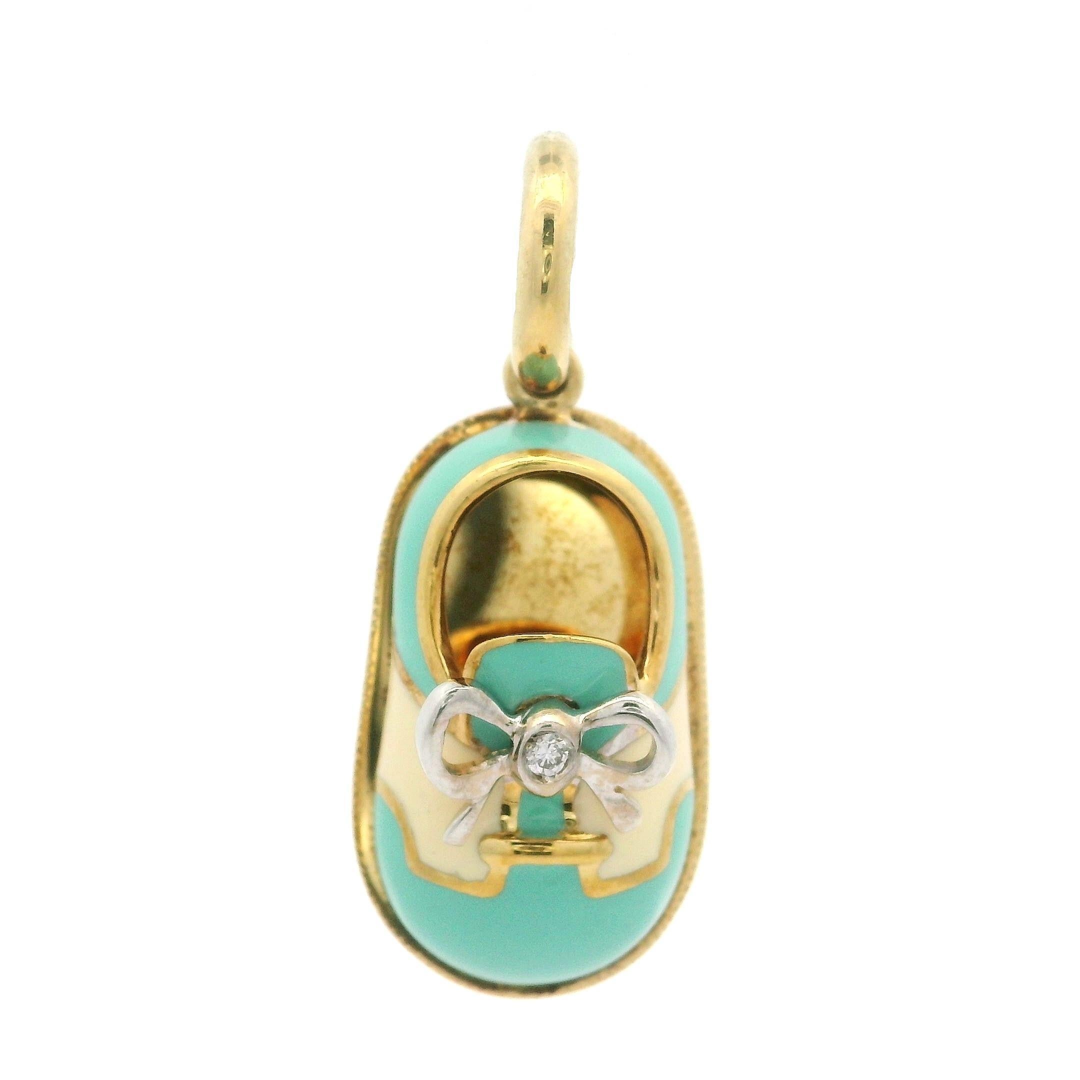 Aaron Basha 18k Gold Diamond Turquoise Cream Enamel Classic Saddle Shoe Pendant